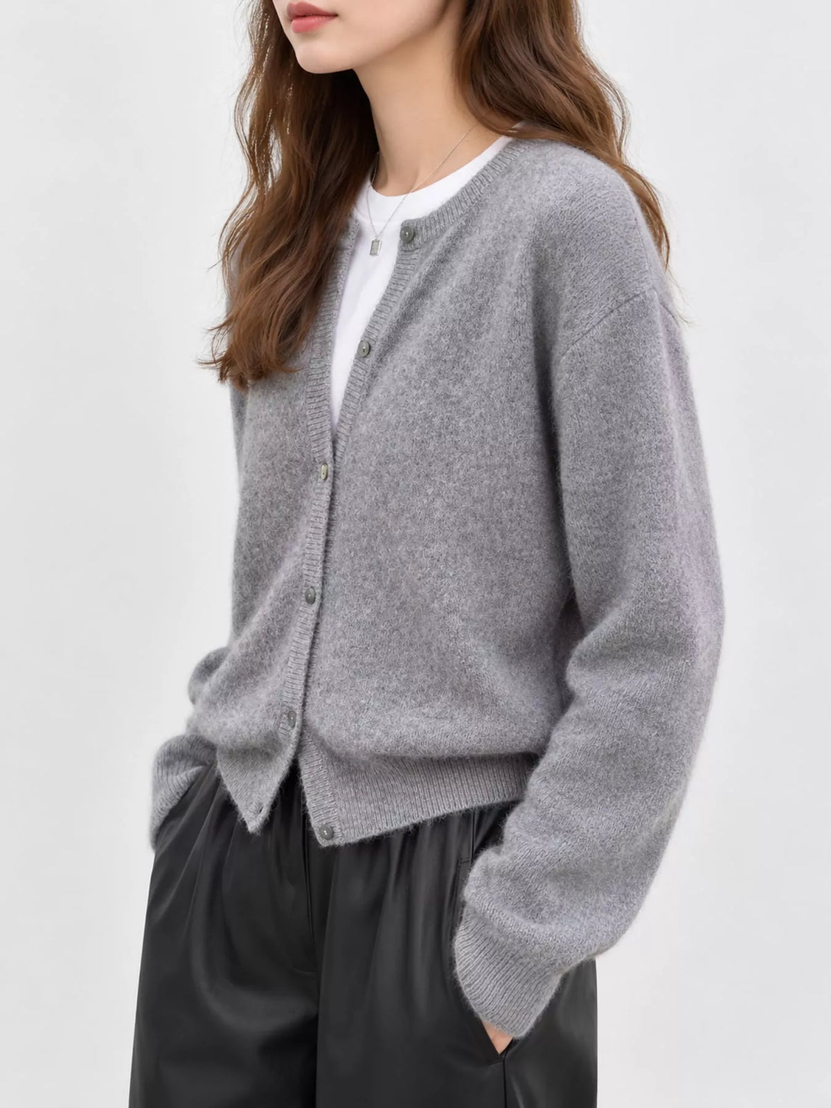 Women's Crew Neck Button-Down Knit Cardigan in gray — side view