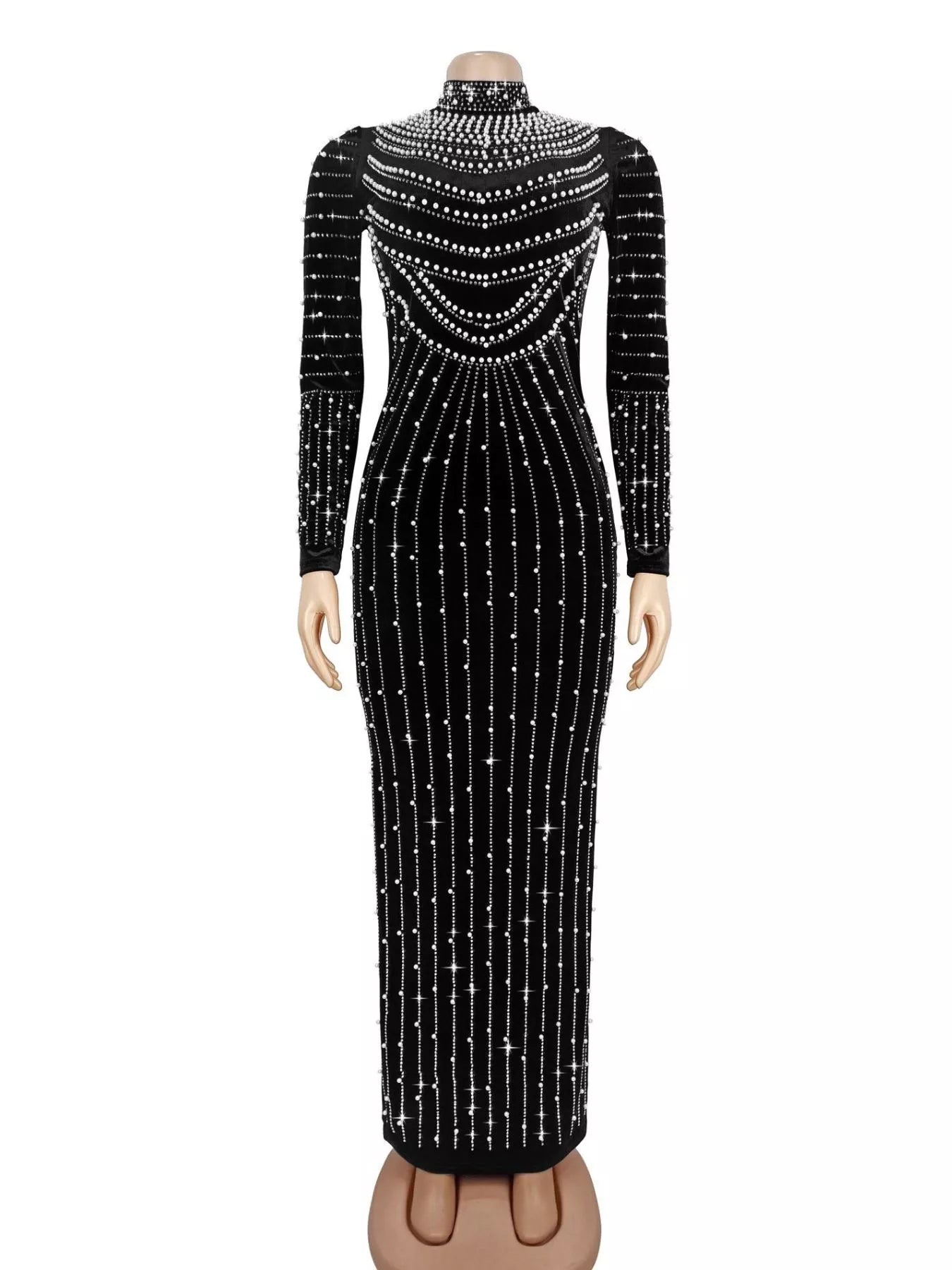 Trendsi Rhinestone Embellished Mock Neck Long Sleeve Maxi Dress -