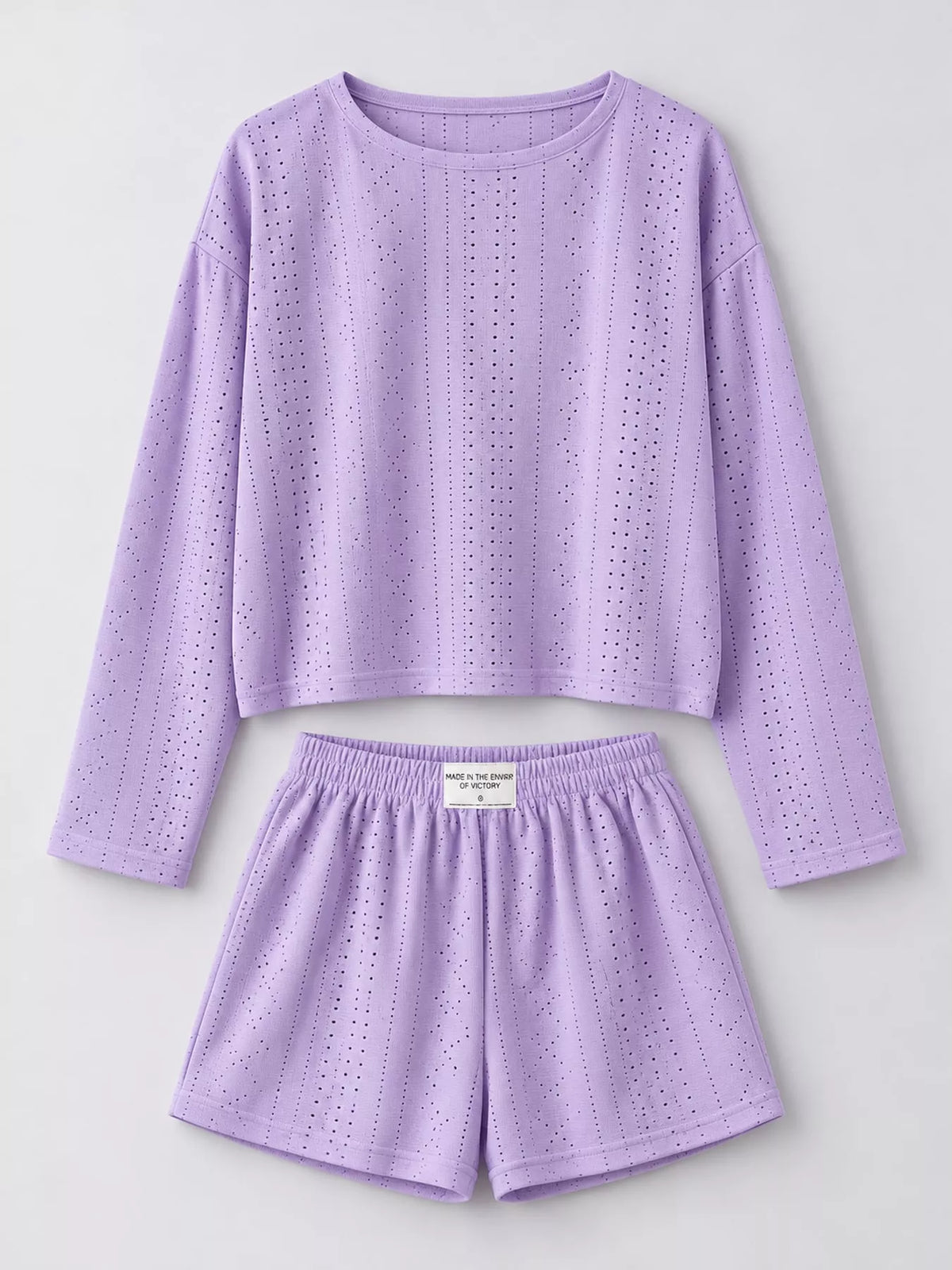 Eyelet Long Sleeve Top and Shorts Lounge Set in purple