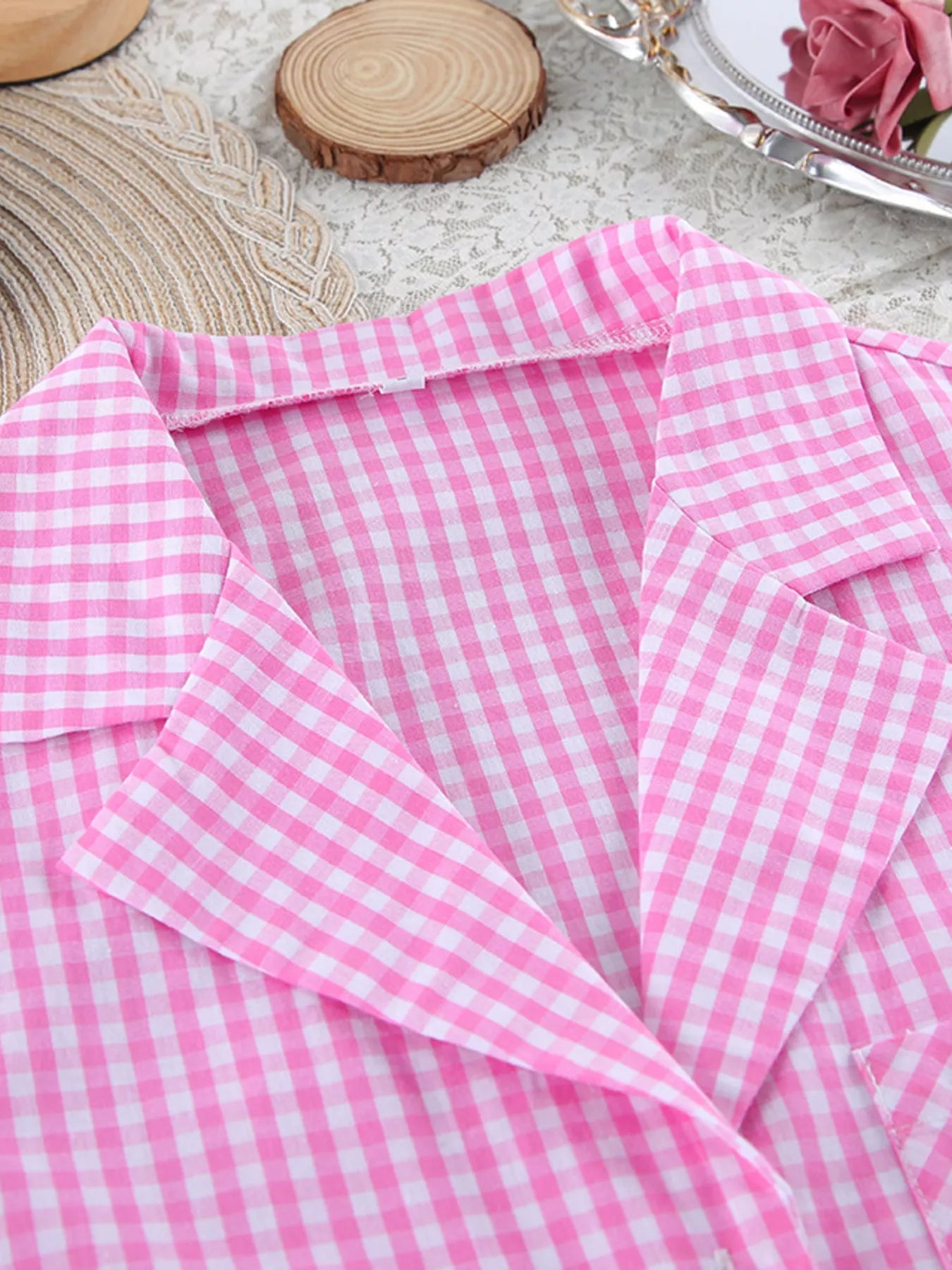 Trendsi Gingham Button-Down Top and Pants Loungewear Set -