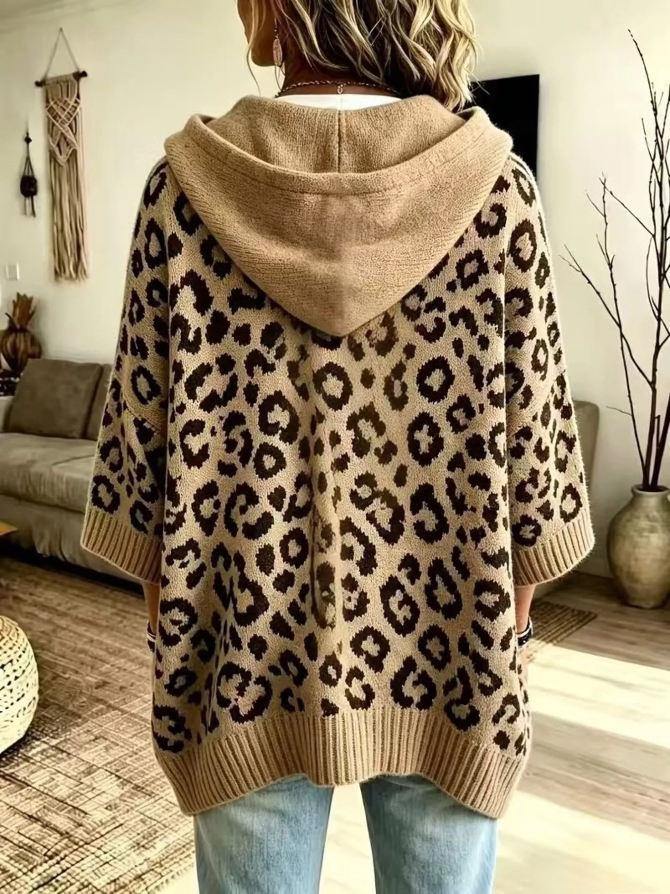 Trendsi Drawstring Leopard Hooded Sweater -