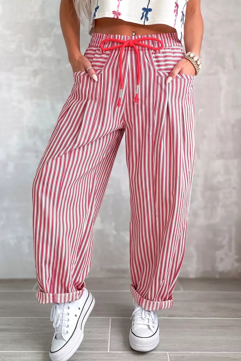 Trendsi Stripe Drawstring Casual Loose Pants -