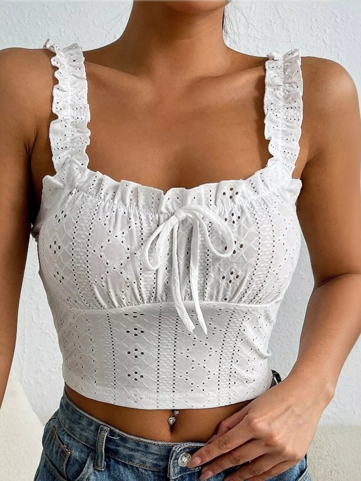 Eyelet tie-front tank, white tie front