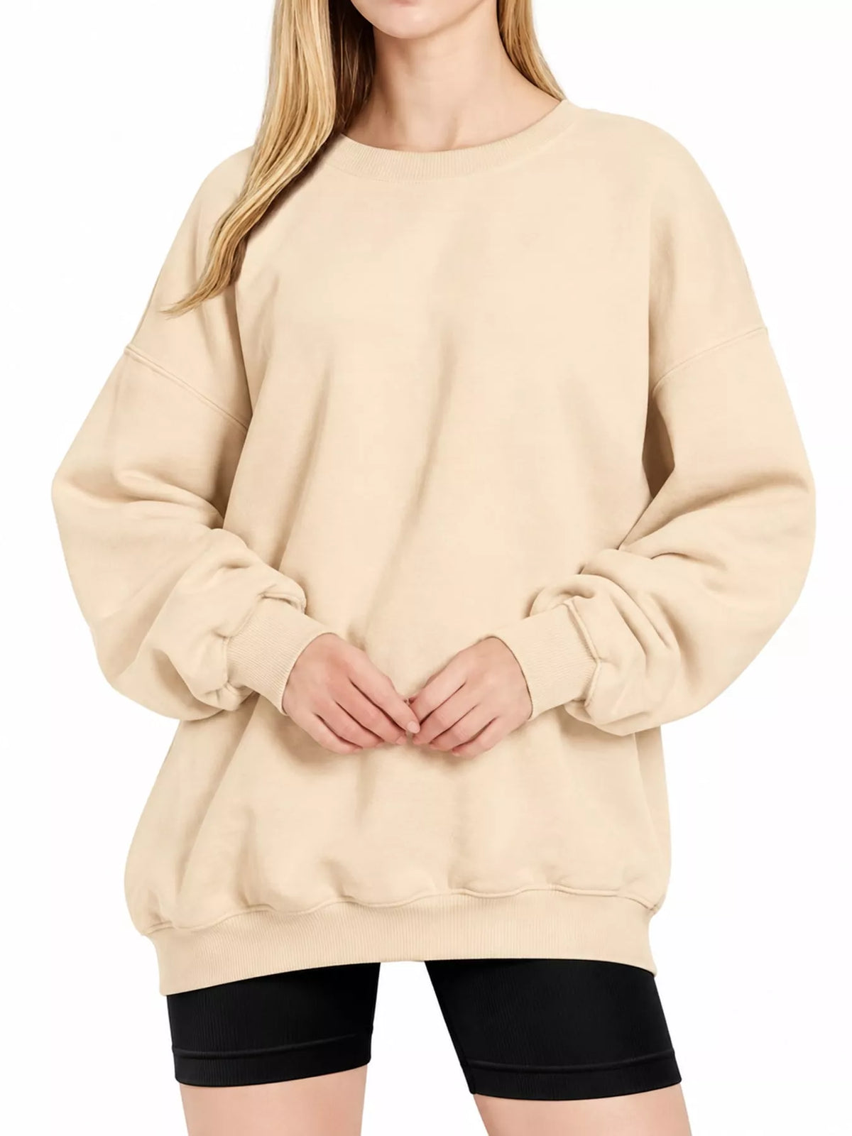 Ribbed Trim Crew Neck Sweatshirt in cream, front view