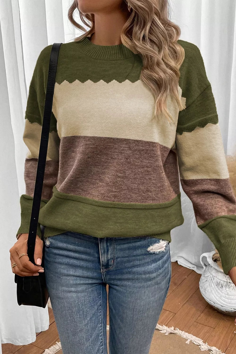 Women's colorblock crew neck drop shoulder sweater
