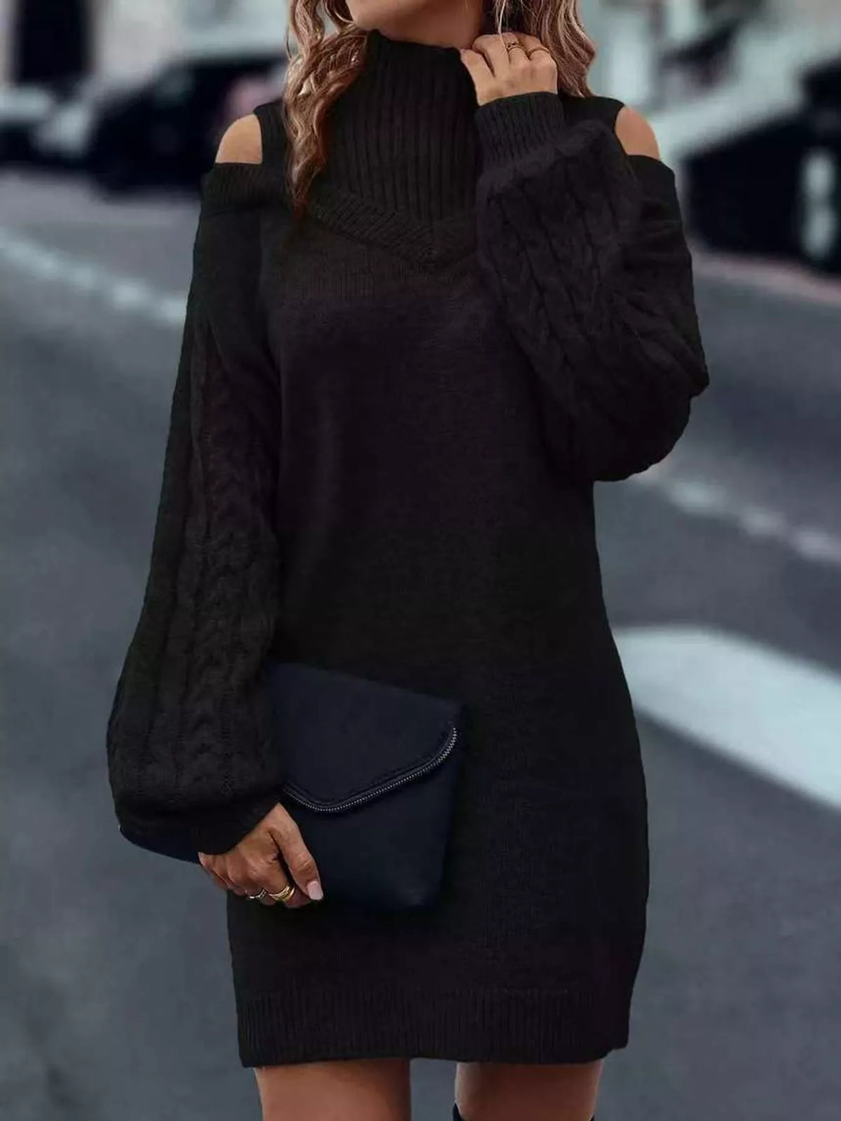 Black cold shoulder cable knit mock neck sweater dress, front view
