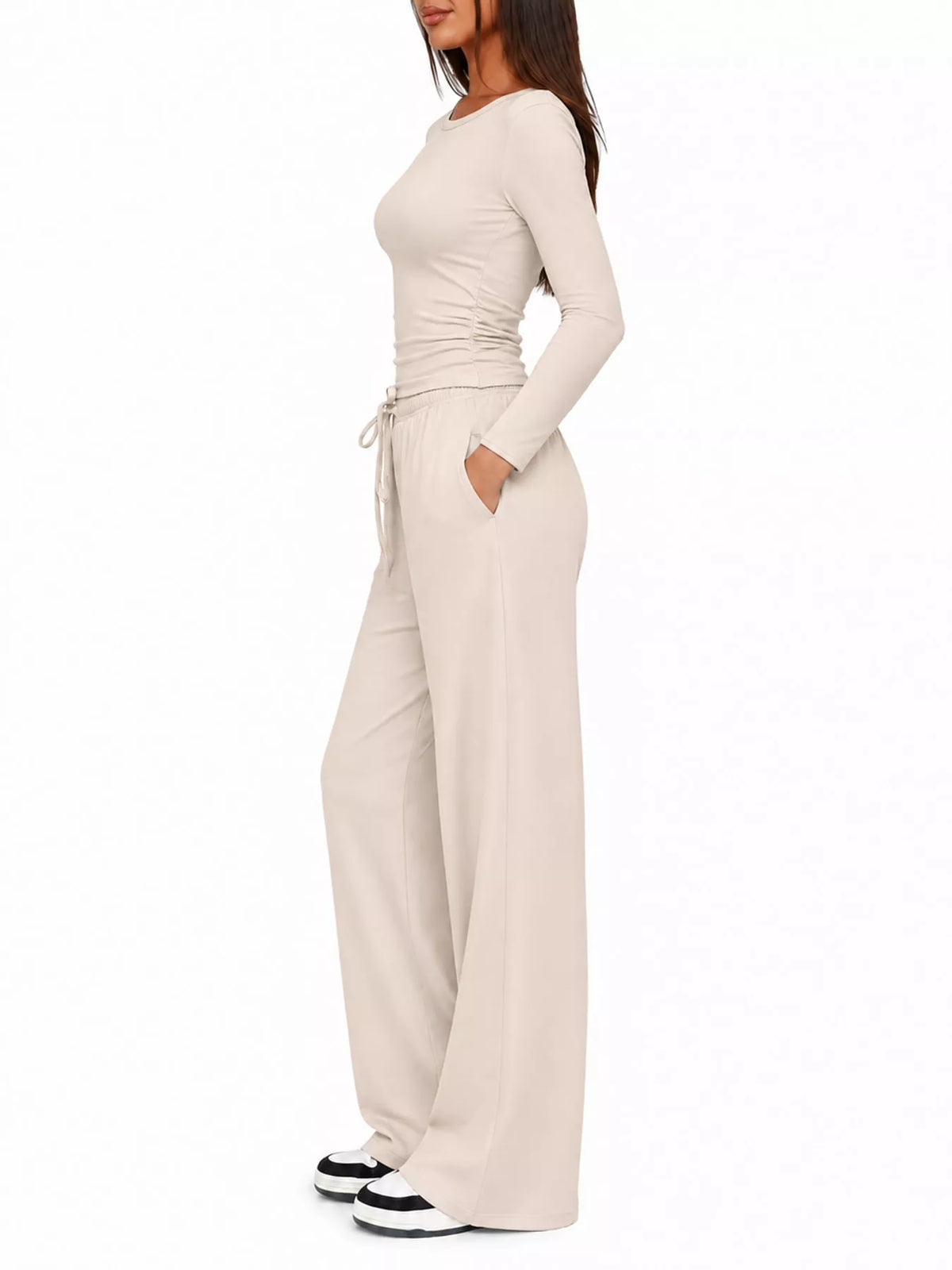 Long Sleeve Top and Wide-Leg Drawstring Pants Set — side view