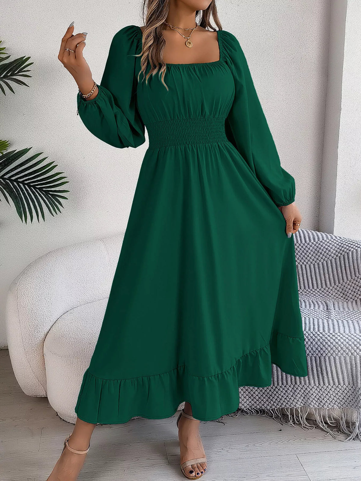Dark Green square neck smocked waist long sleeve midi dress