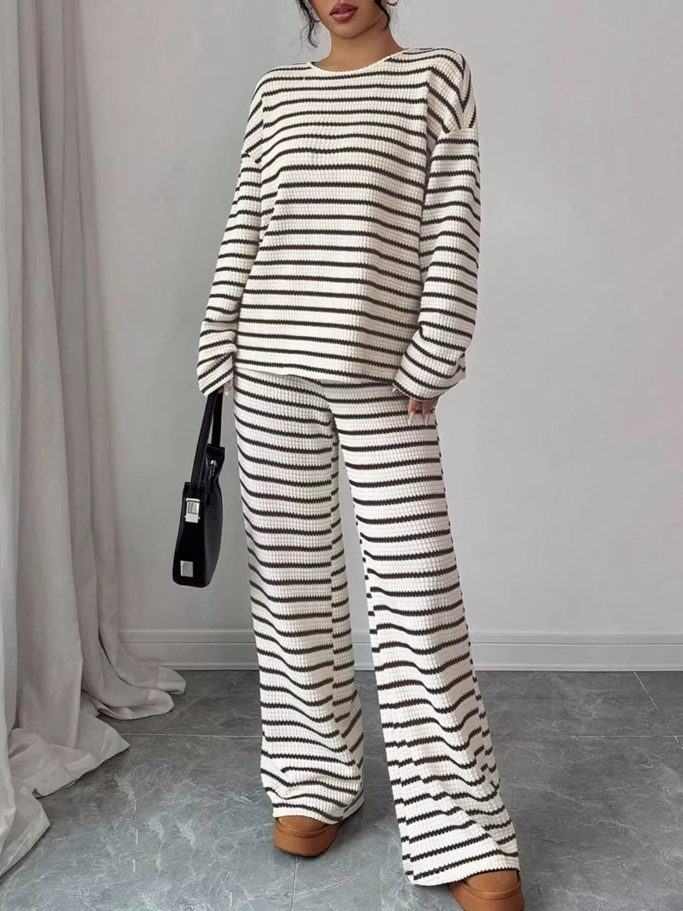 Trendsi Striped Knit Dropped Shoulder Top and Pants Set -