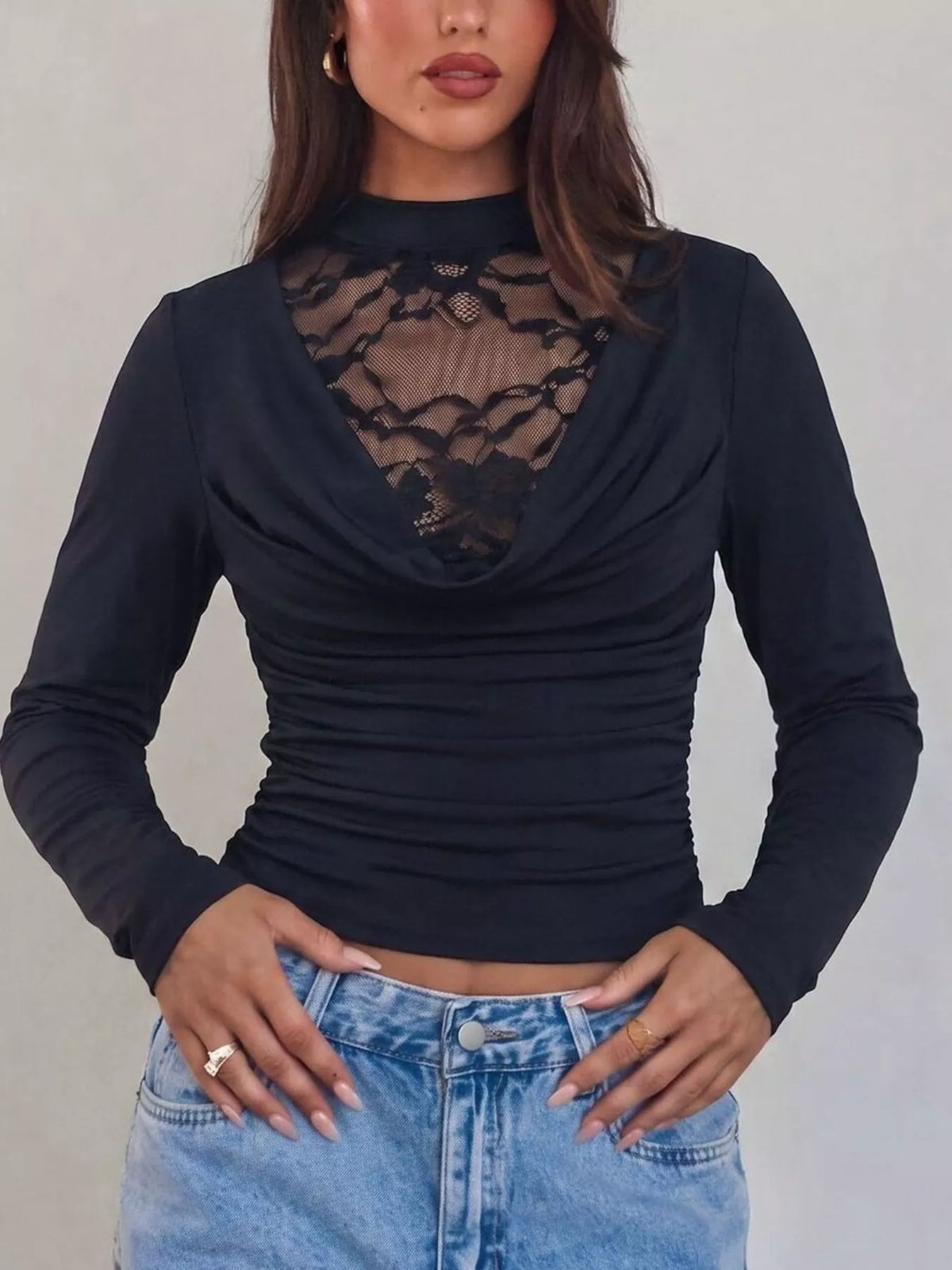 Trendsi Lace Mock Neck Long Sleeve T-Shirt -