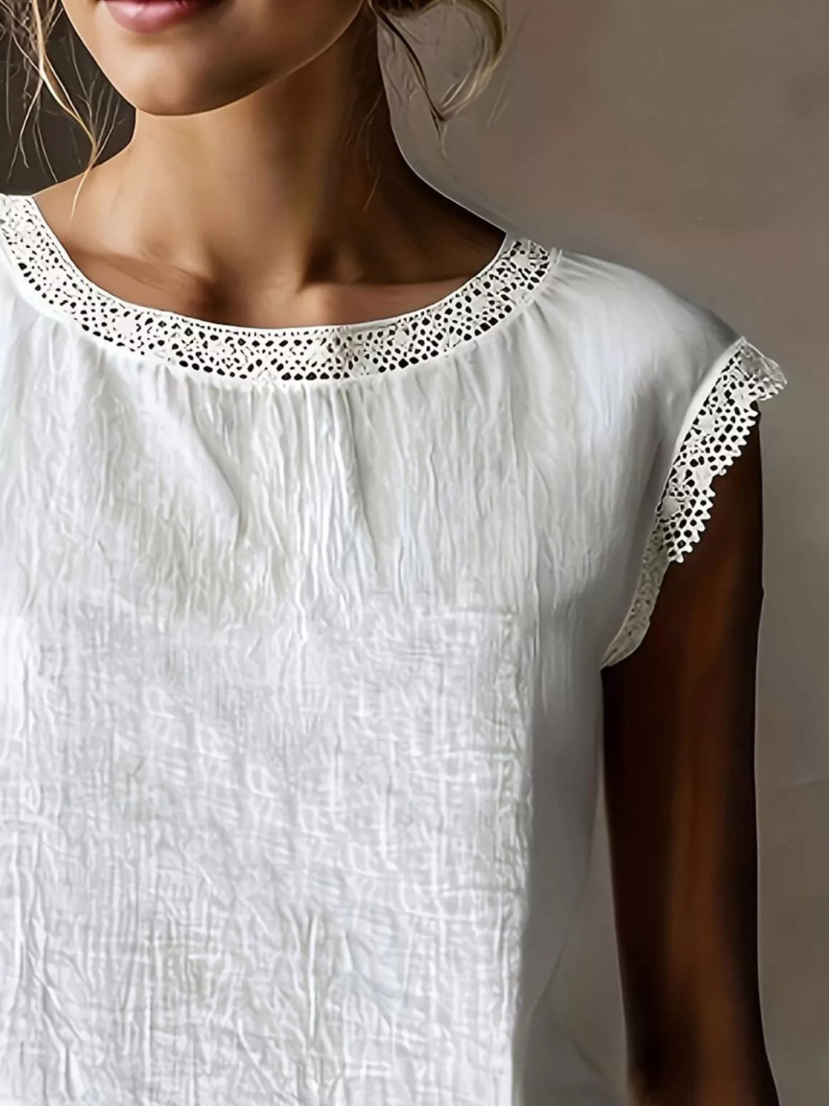 Trendsi Lace Trim Round Neck Sleeveless Blouse -