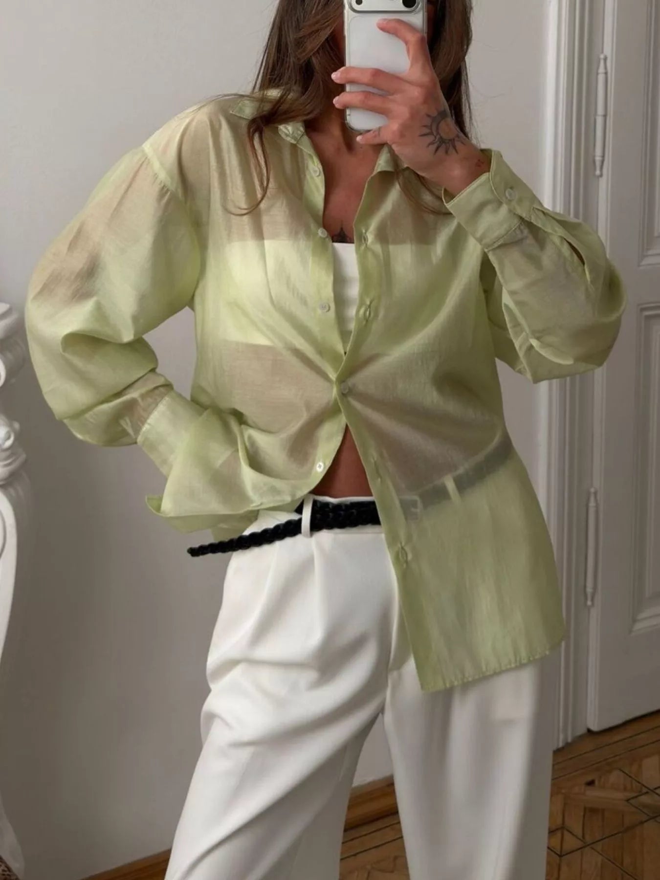 Trendsi Sheer Oversized Button-Up Shirt -