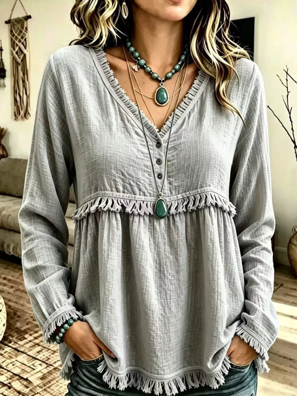 Fringe-trim blouse, gray front
