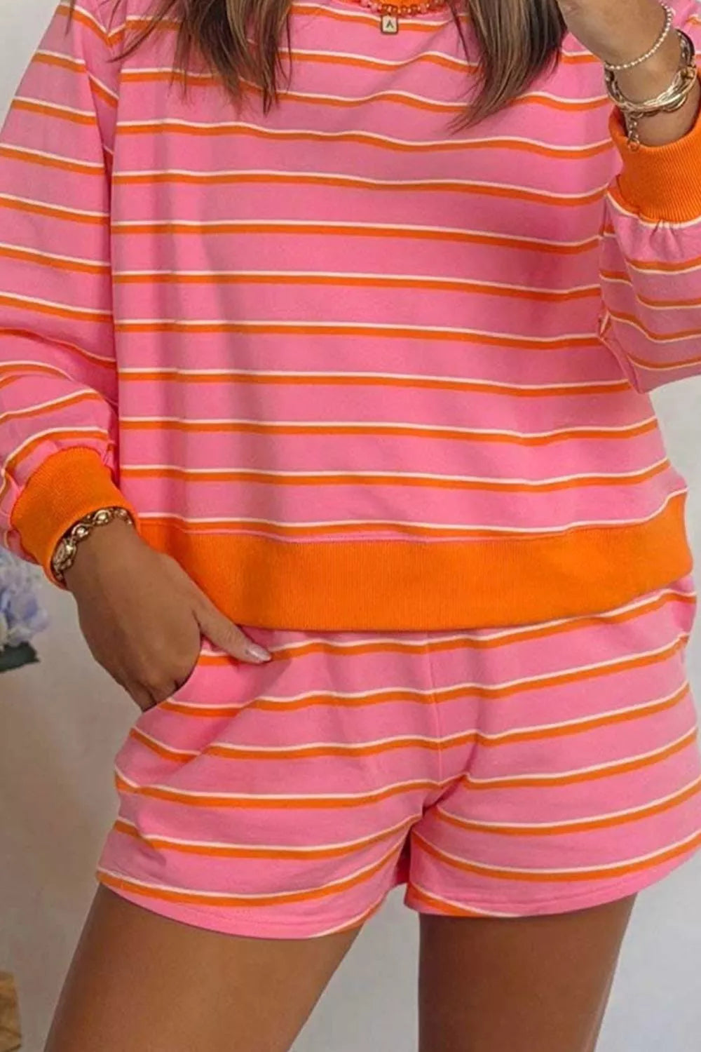 Trendsi Stripe Color Block Trim Long Sleeve Pullover Pocketed Shorts 2pcs Set -