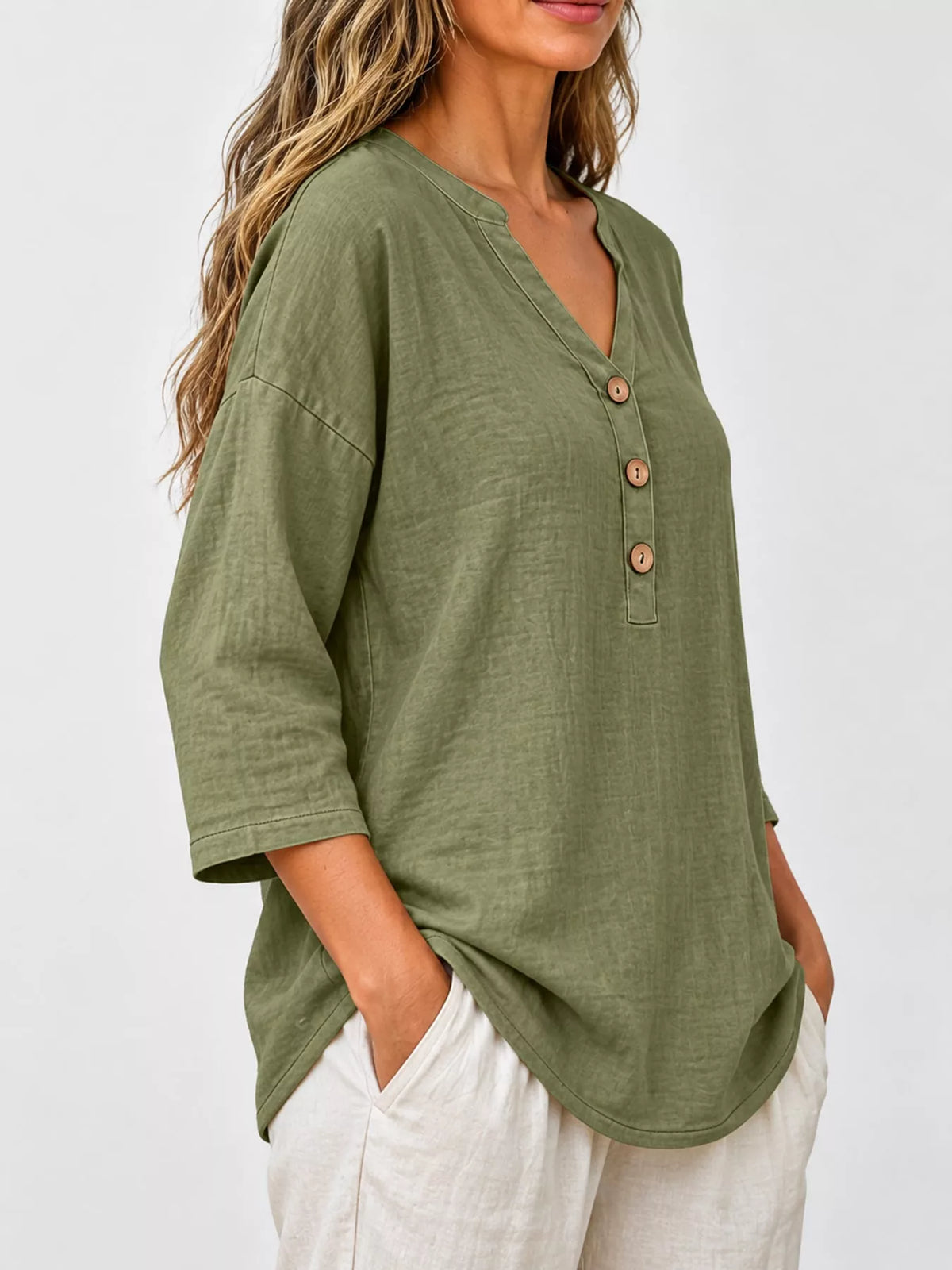 Button Notched 3/4 Sleeve Blouse in olive green, side view