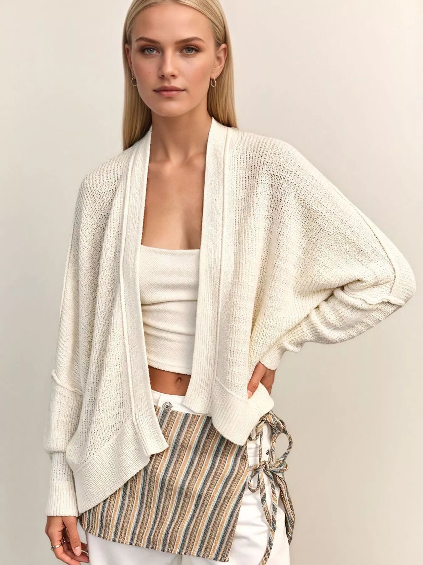 Trendsi Open-Front Long Sleeve Knit Cardigan -