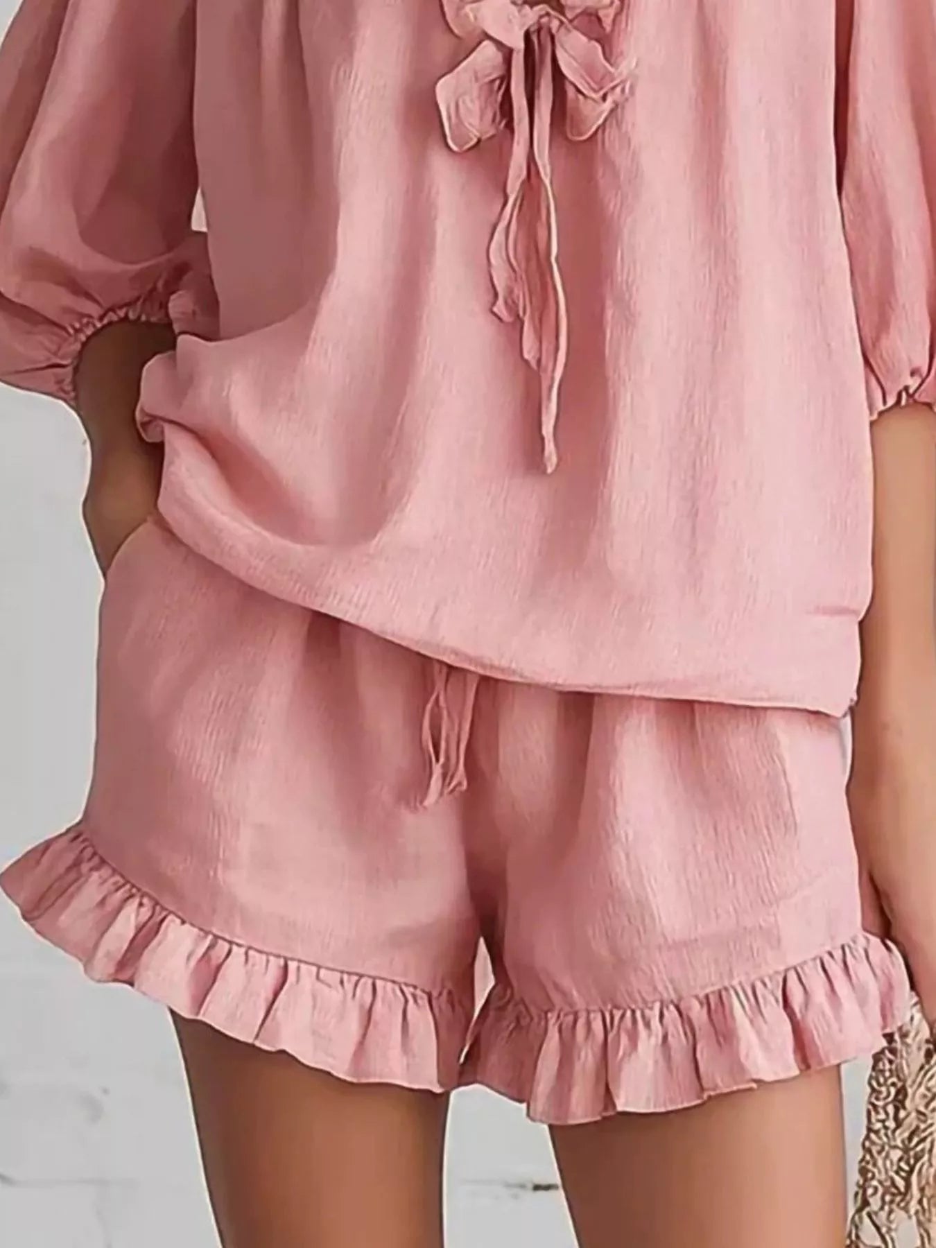 Trendsi Ruffled V-Neck Blouse and Shorts Set -