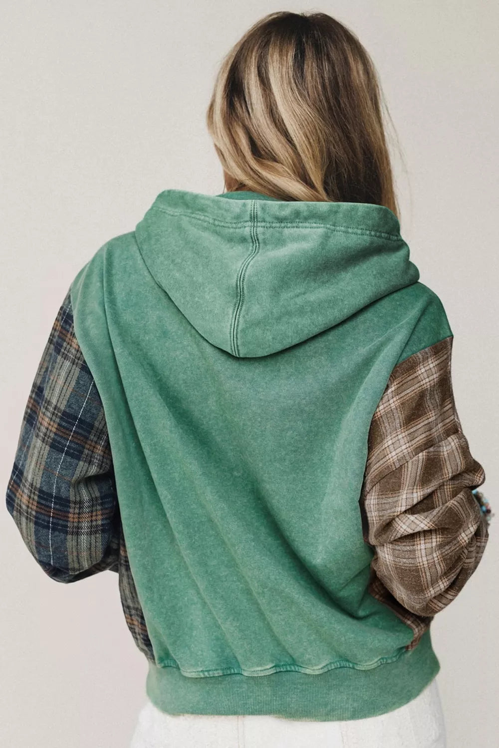 Plaid Kangaroo Pocket Hoodie in green, back view