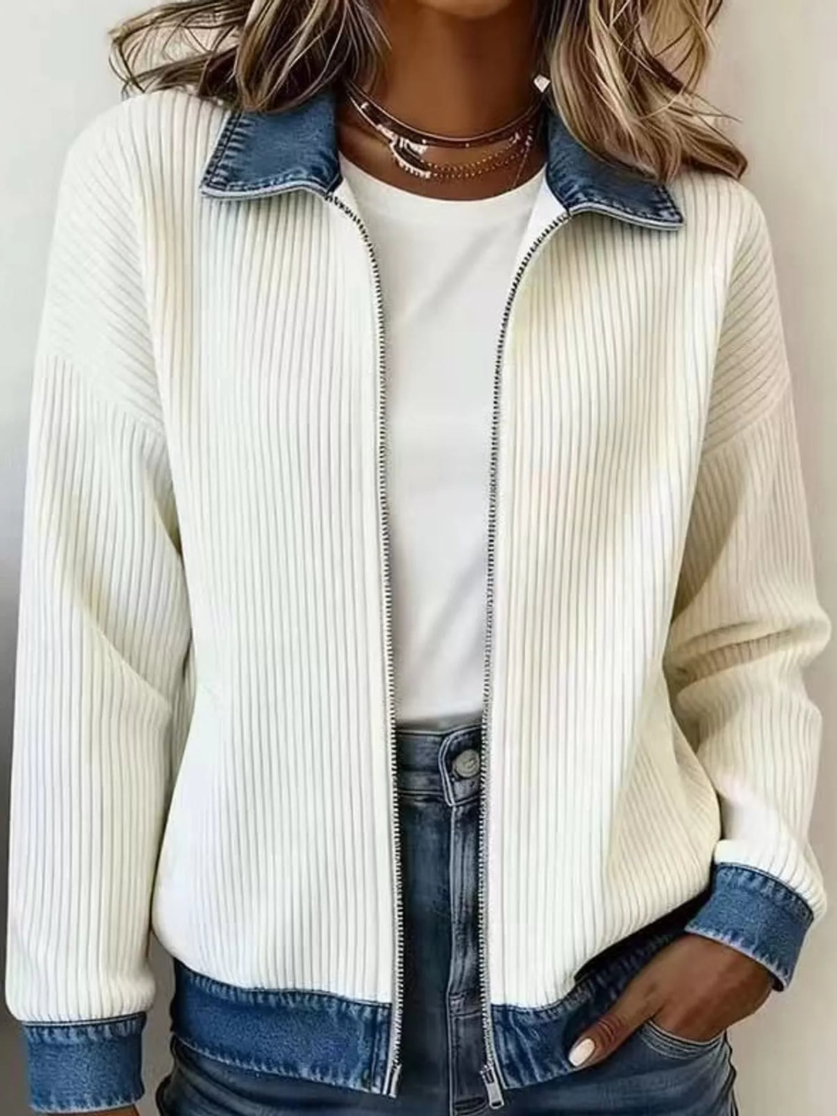 Cream denim-collar ribbed knit zip-up jacket — front view