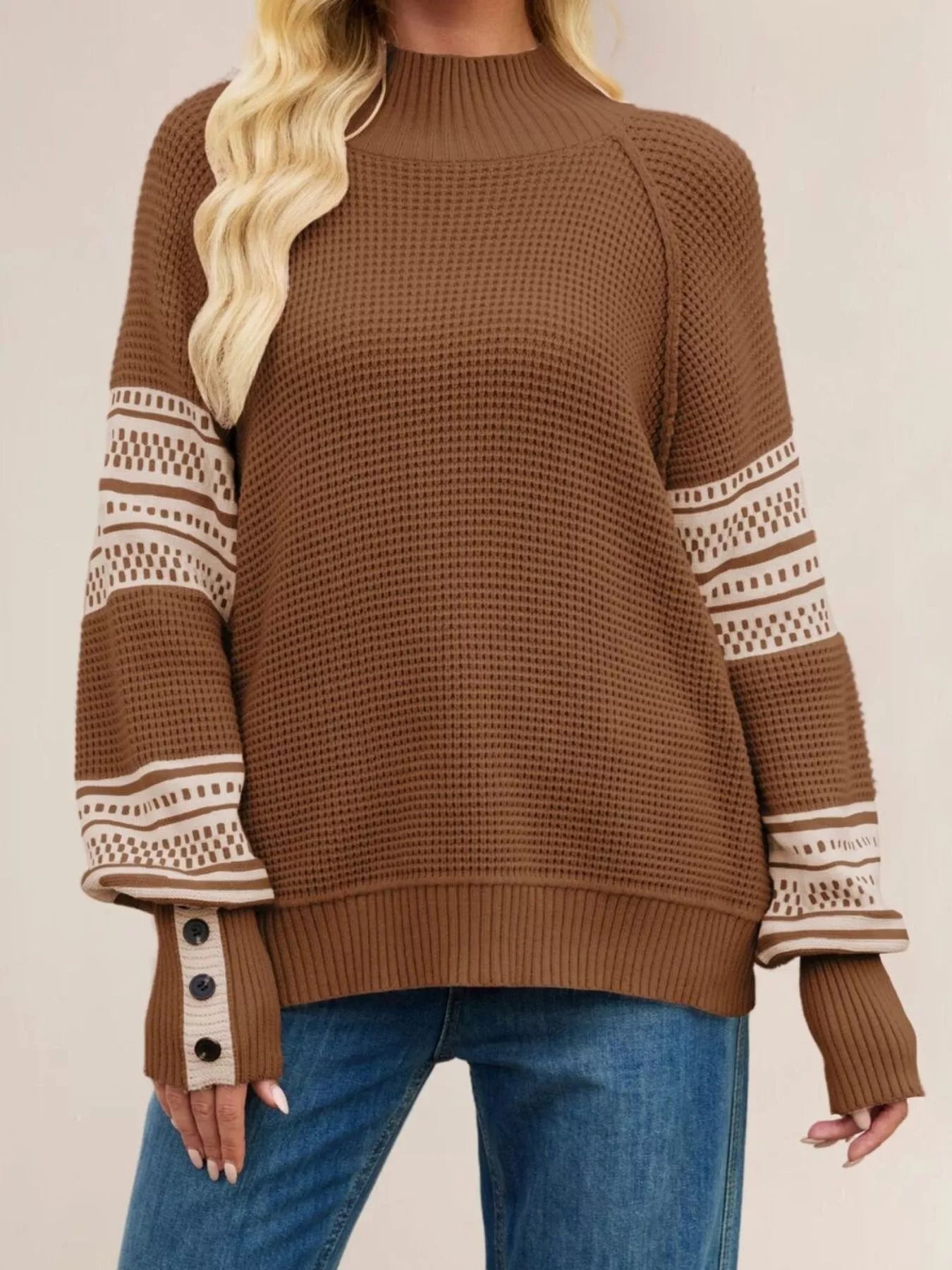 Trendsi Color-Block Mock Neck Waffle Knit Sweater -