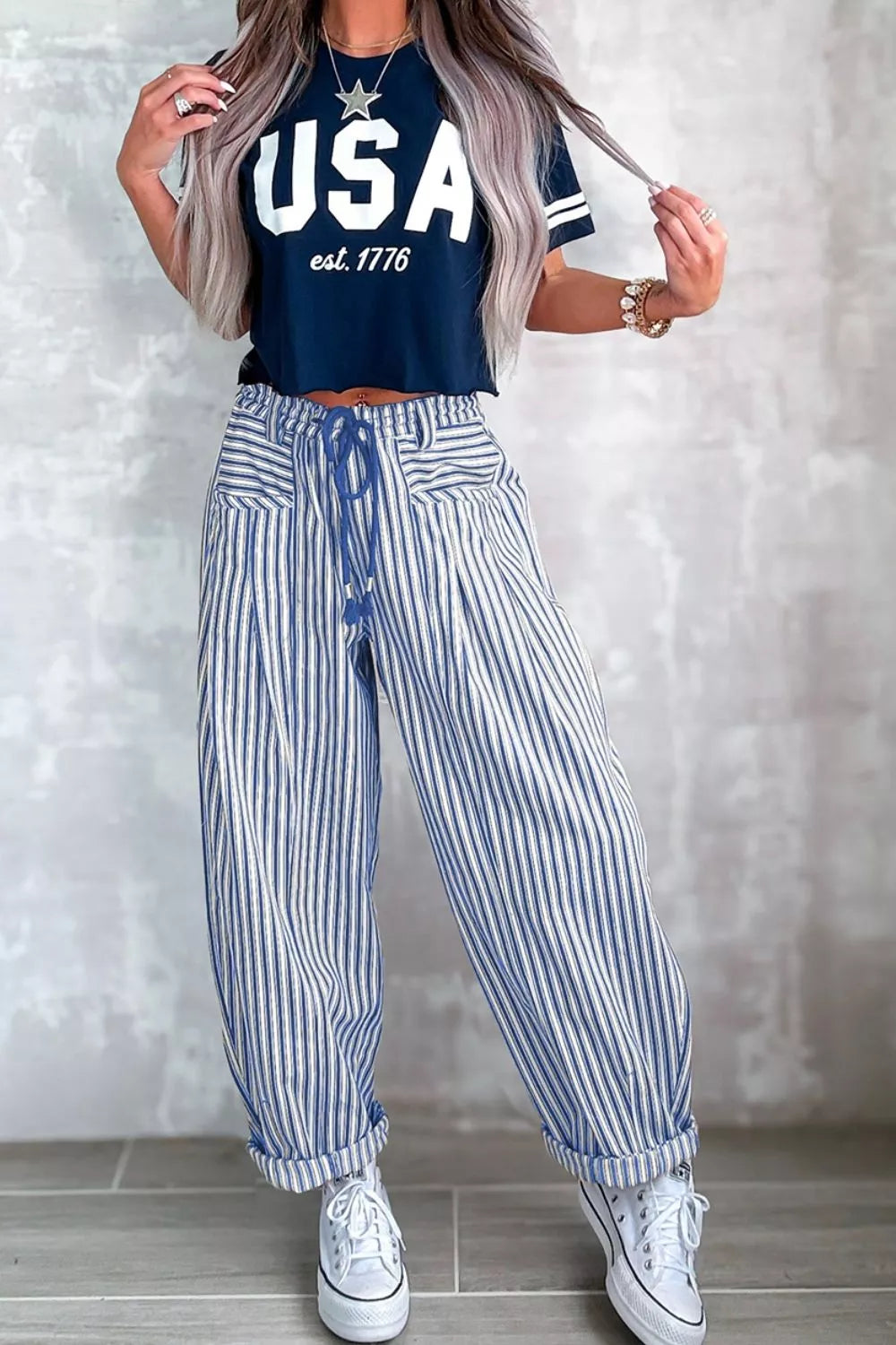 Trendsi Stripe Drawstring Casual Loose Pants -