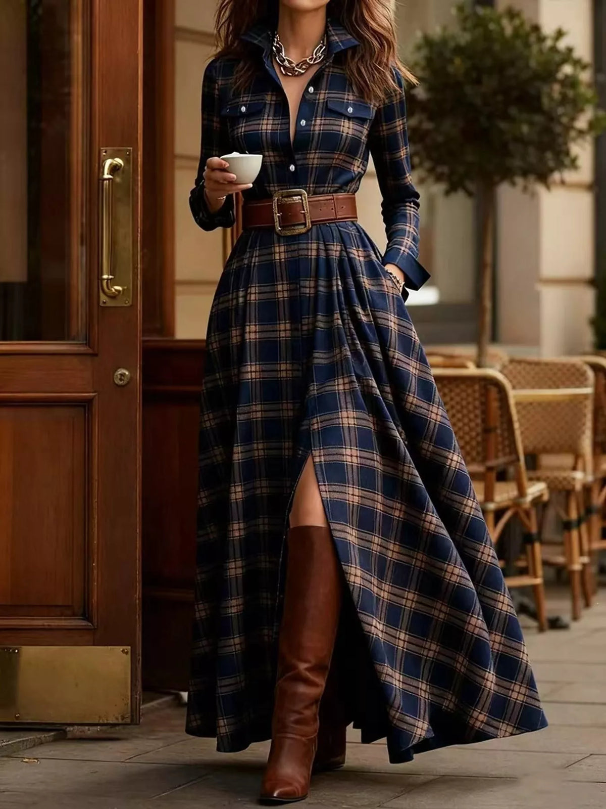 Vintage Plaid Button-Down Maxi Shirt Dress in dark blue