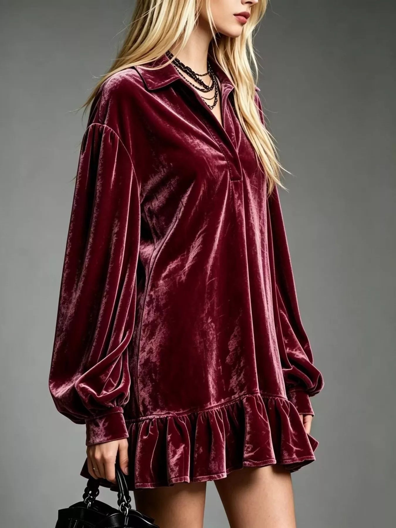 Trendsi Full Size Velvet Ruffled Hem Long Sleeve Dress Plus Size -