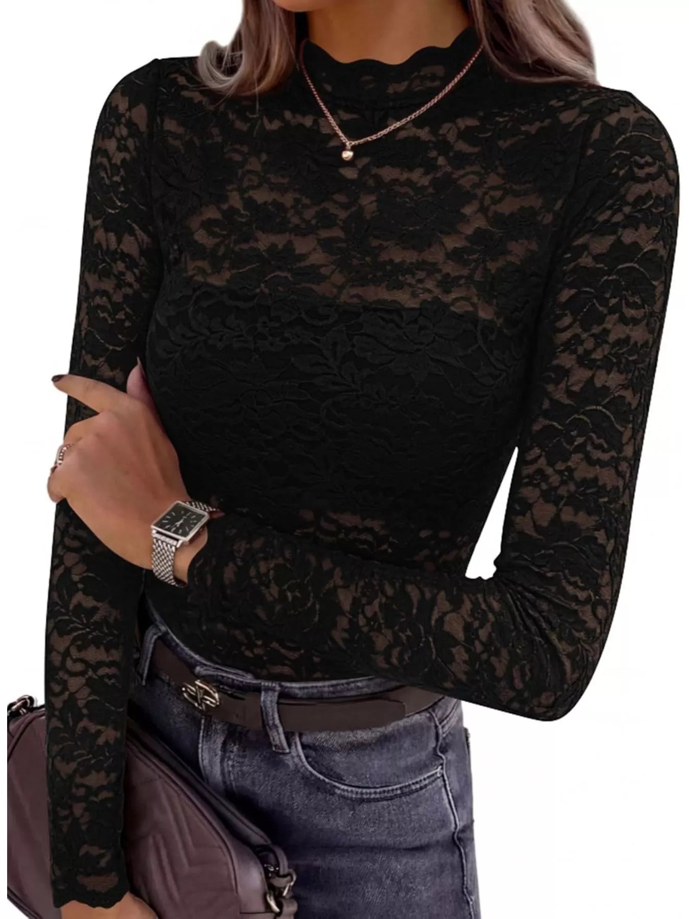 Trendsi Lace Mock Neck Long Sleeve Top -