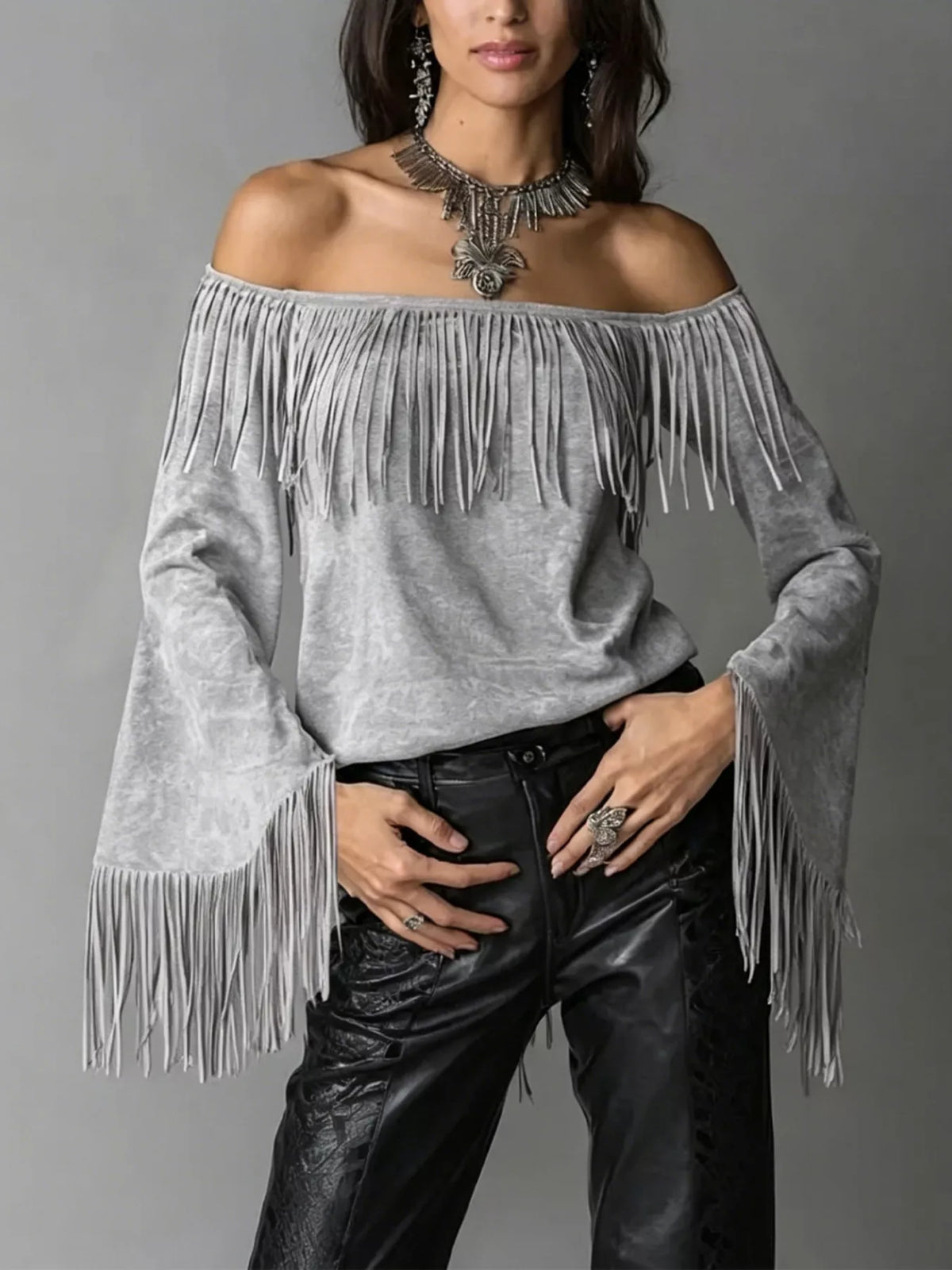 Fringed Off-Shoulder T-Shirt in gray, front view