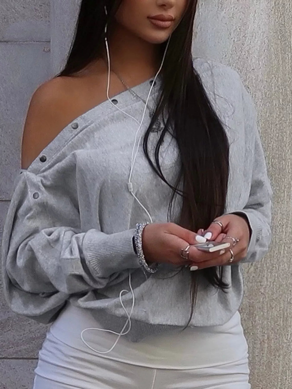 Studded Off Shoulder Long Sleeve T-Shirt in gray, front view