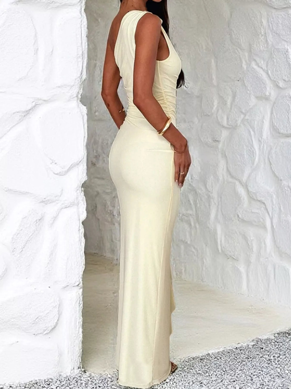 Cream one shoulder ruched ruffle hem maxi dress, side view