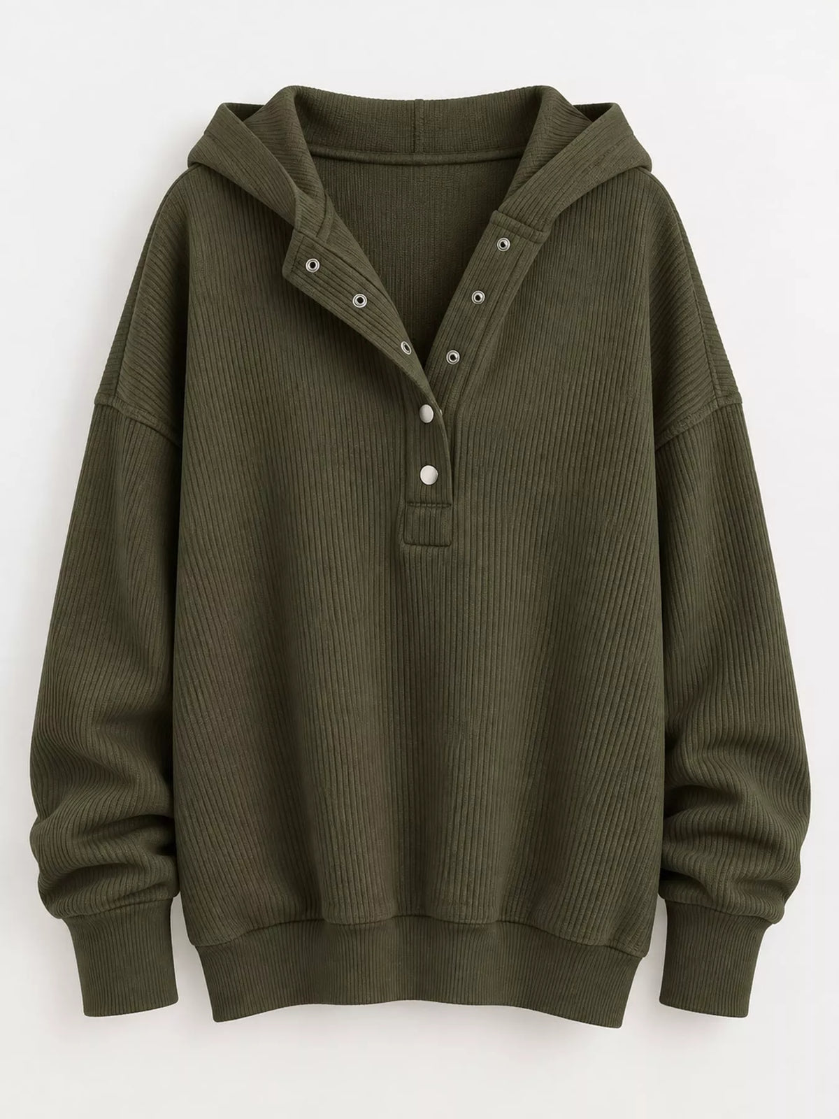 Women's Snap Button Placket Dropped Shoulder Hoodie in olive — flat lay view