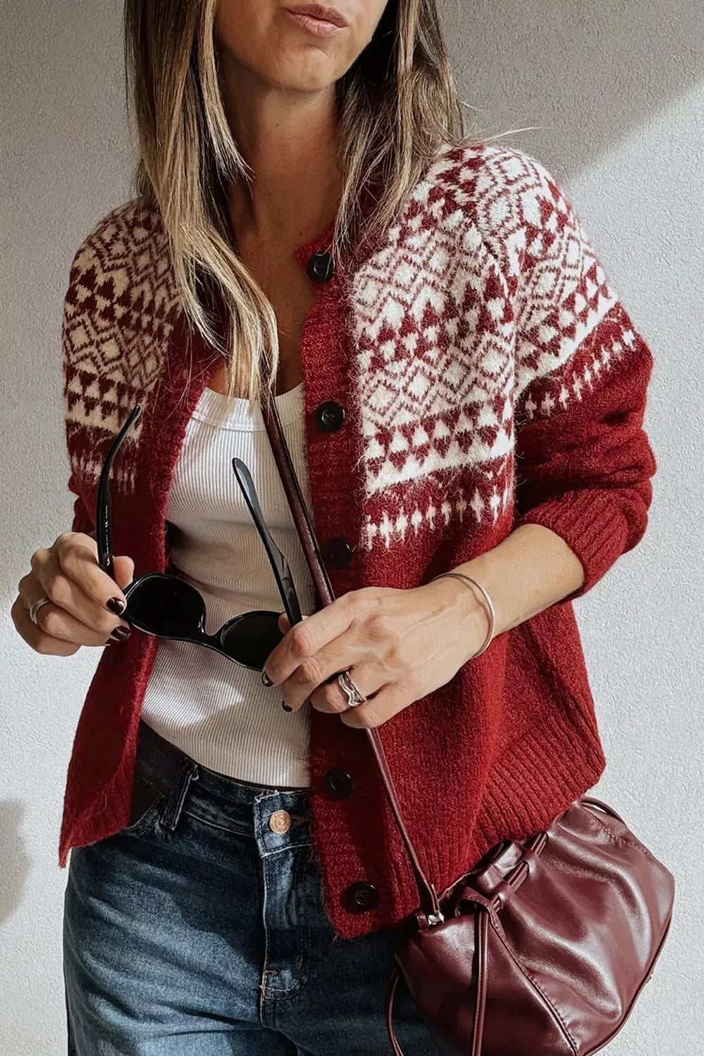Geometric-print button-front long sleeve cardigan