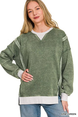 Trendsi Zenana Fleece Acid Washed Contrast Trim Sweatshirt -