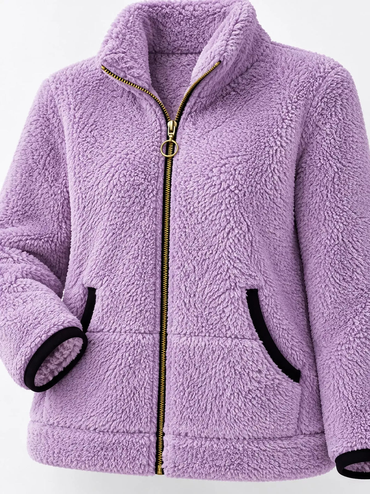 Contrast-trim fleece jacket, lilac zip pocket detail