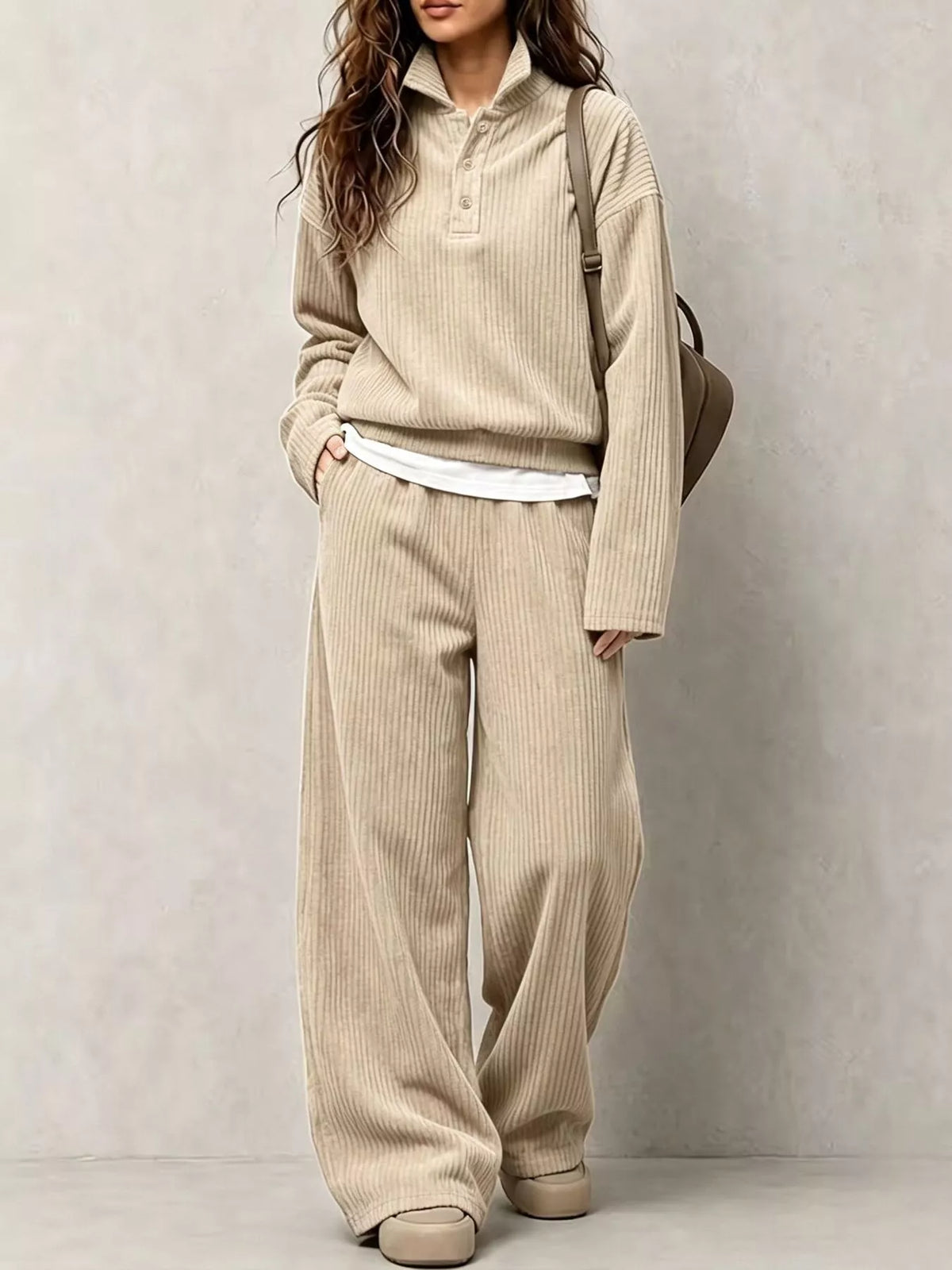 Women's Corduroy Button Detail Top and Wide-Leg Pants Set in beige — front view