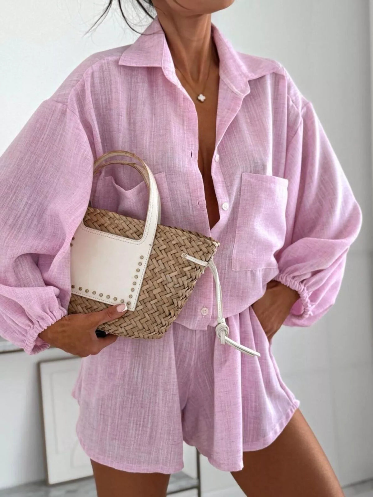 Trendsi Long Sleeve Shirt and High-Waisted Shorts Set -