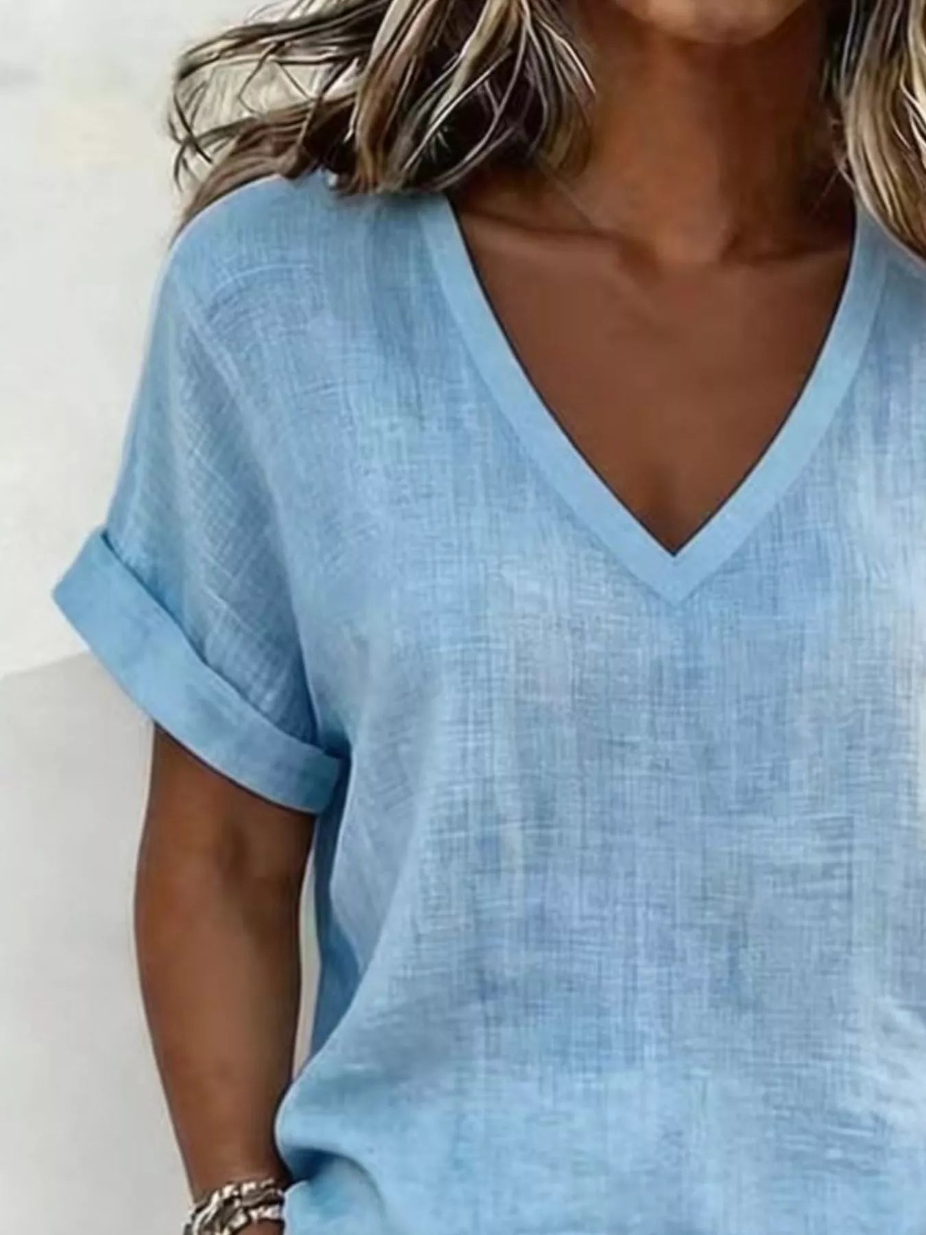 Trendsi V-Neck Linen Blend Short Sleeve Top and Shorts Set -