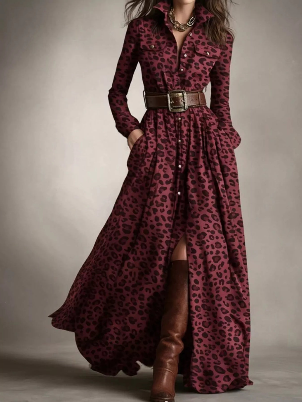 Vintage Plaid Button-Down Maxi Shirt Dress in red leopard print