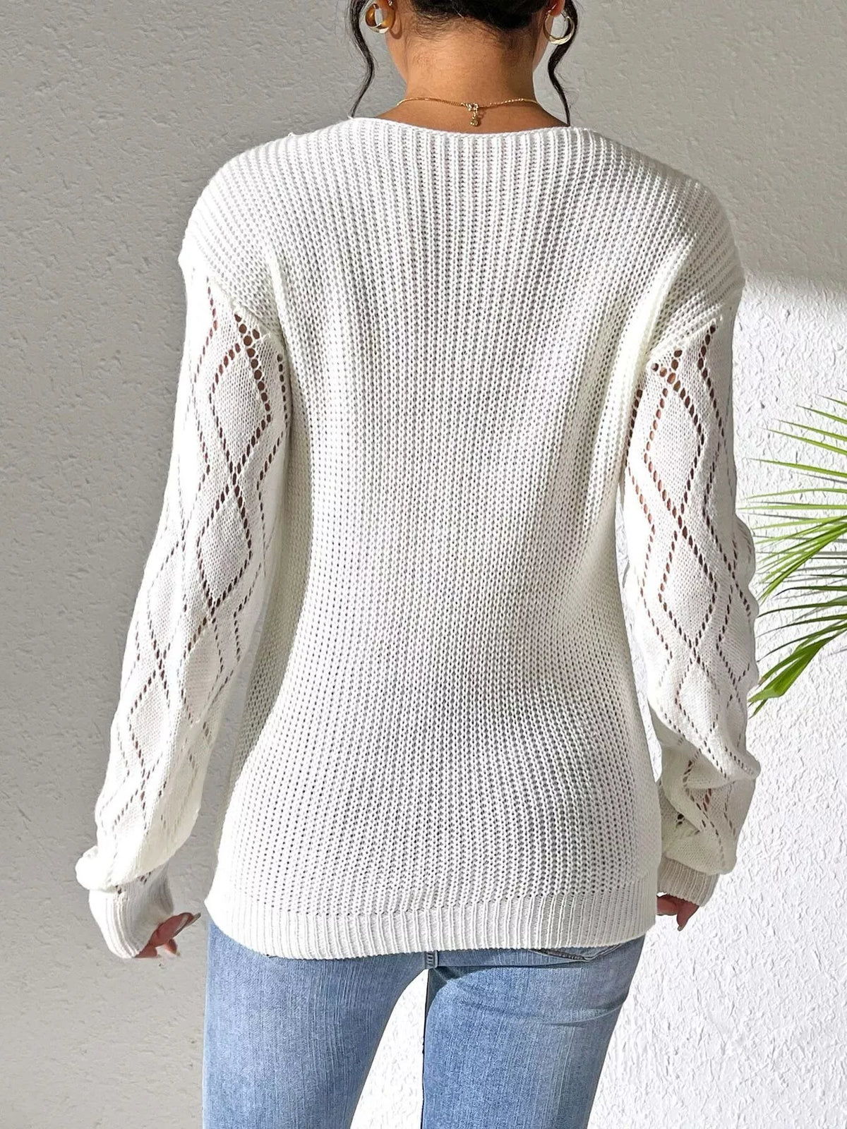 White Floral Applique V-Neck Openwork Sweater back view