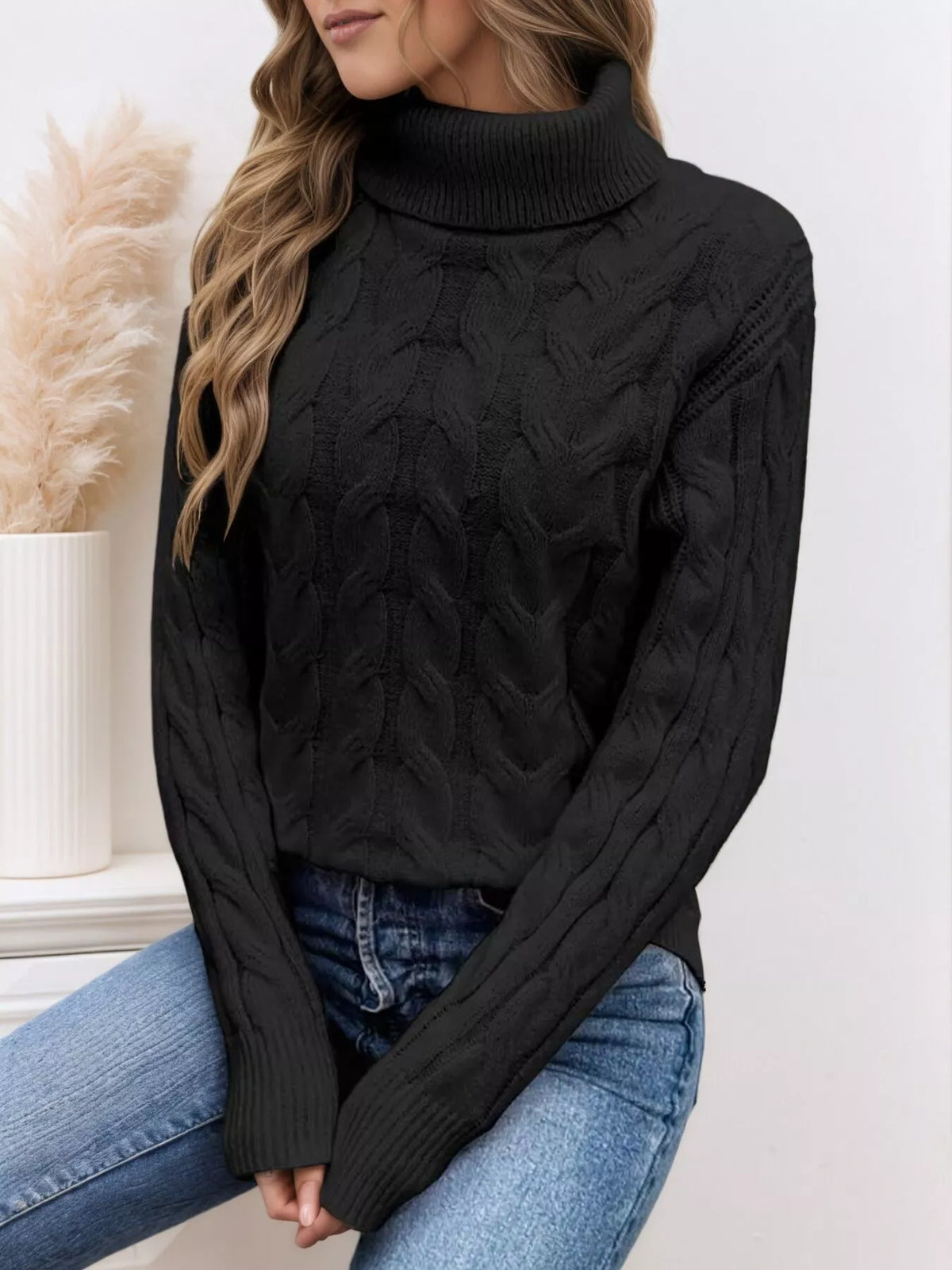 Women's Cable-Knit Turtleneck Sweater in Black, front view