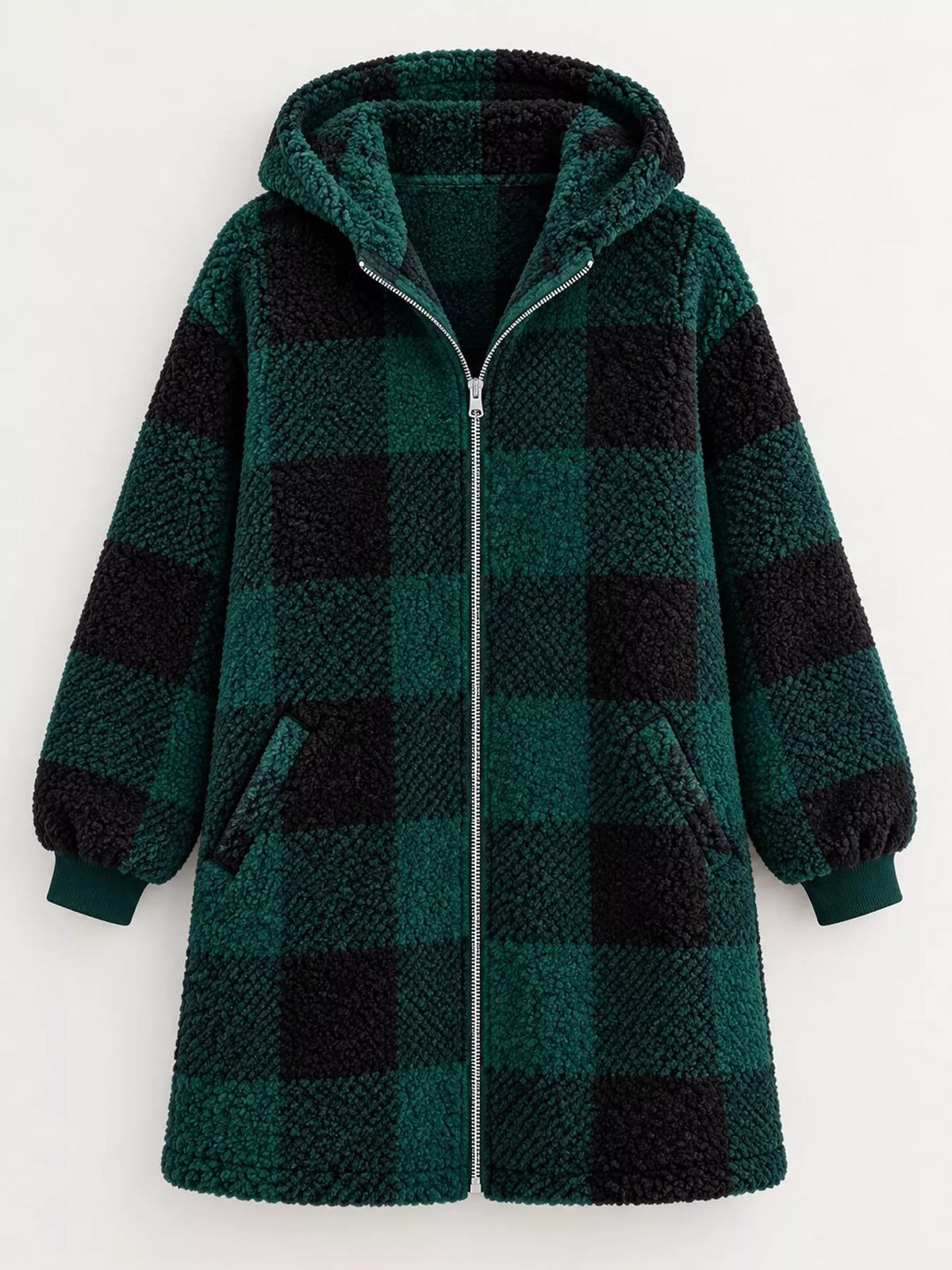 Green and black plaid sherpa hooded zip up jacket, front view
