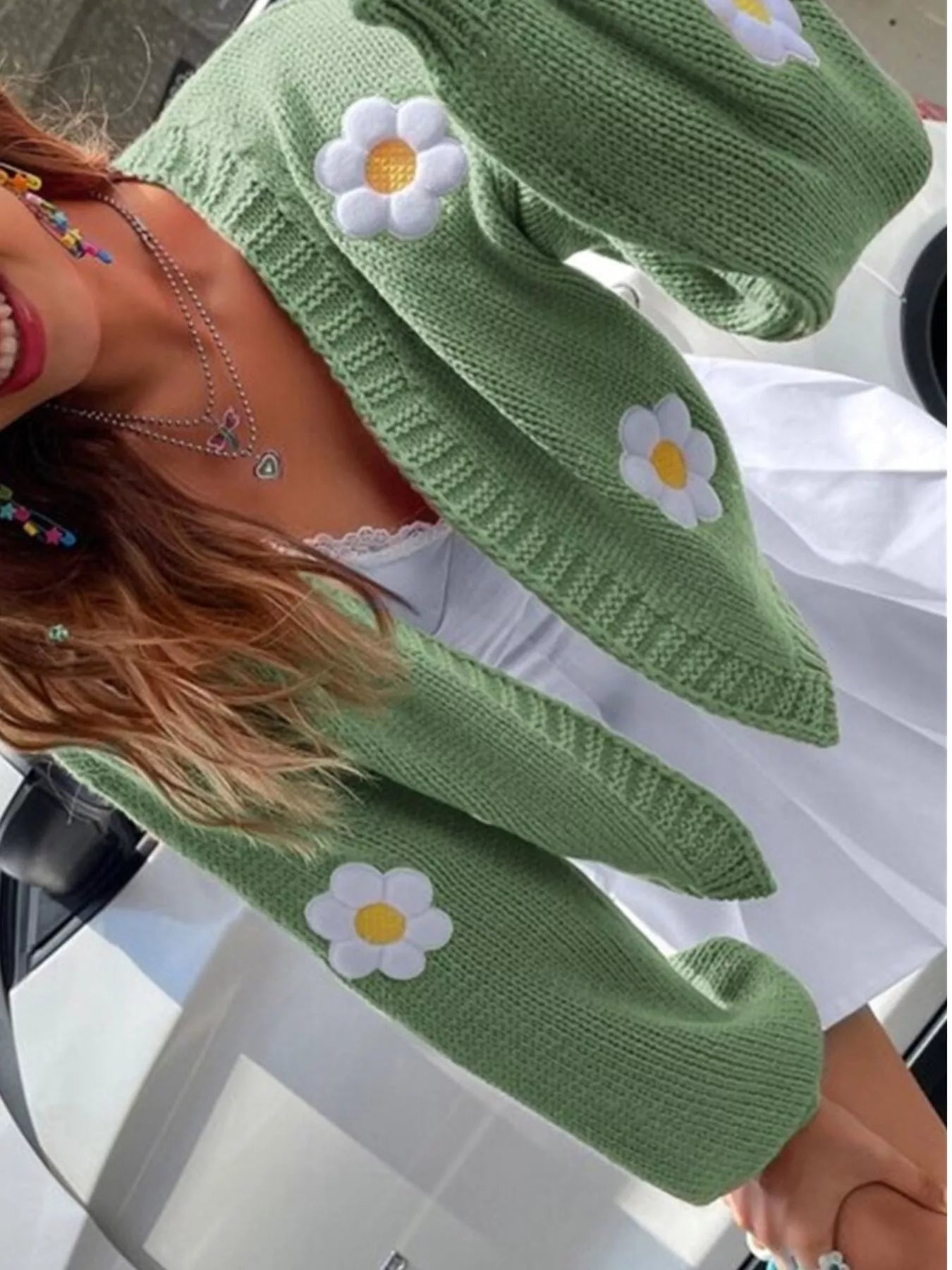 Trendsi Floral Open Front Knit Cardigan -