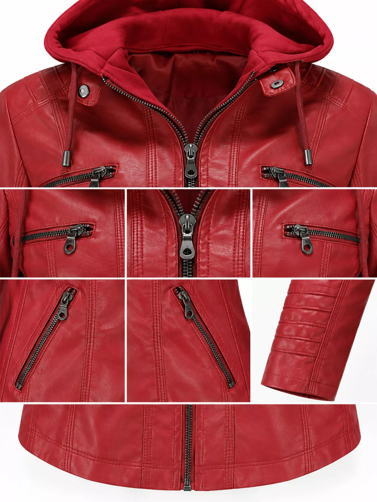 Hooded faux-leather jacket, red garment details