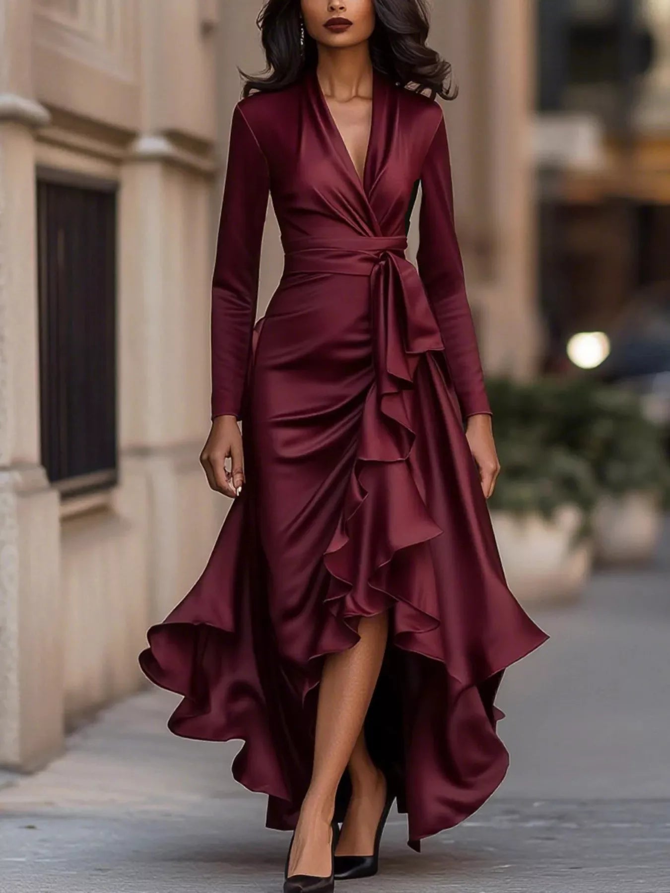 Trendsi Elegant Wrap Dress with Ruffled Hem -