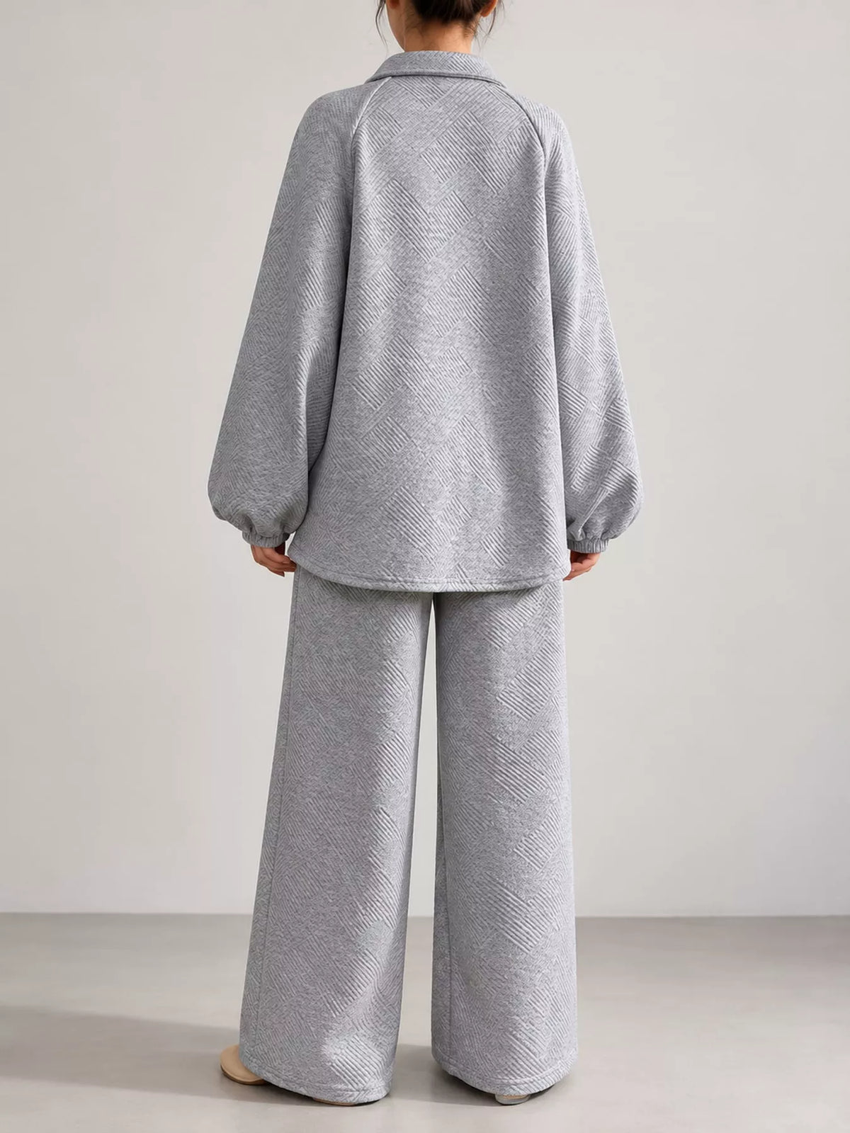 Gray textured polo collar top and wide-leg pants set — back view
