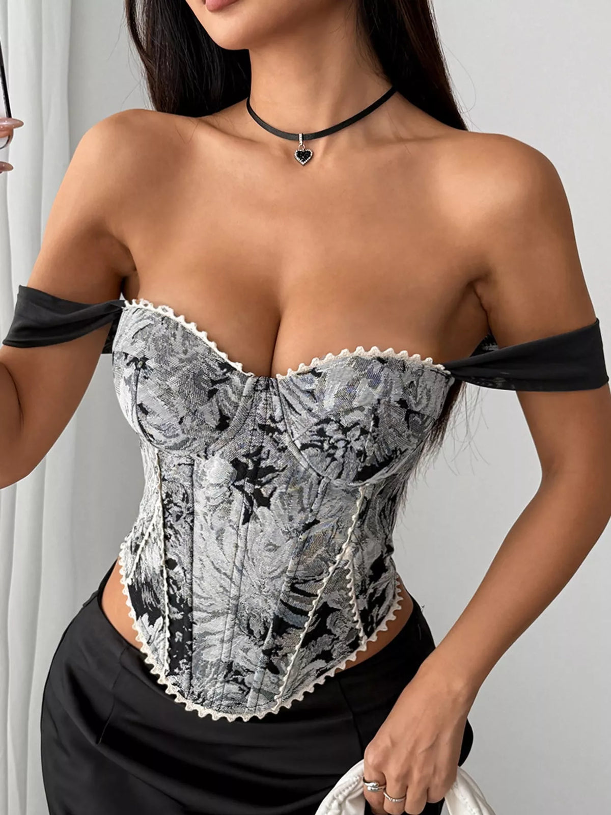 Gray lace up back printed cami
