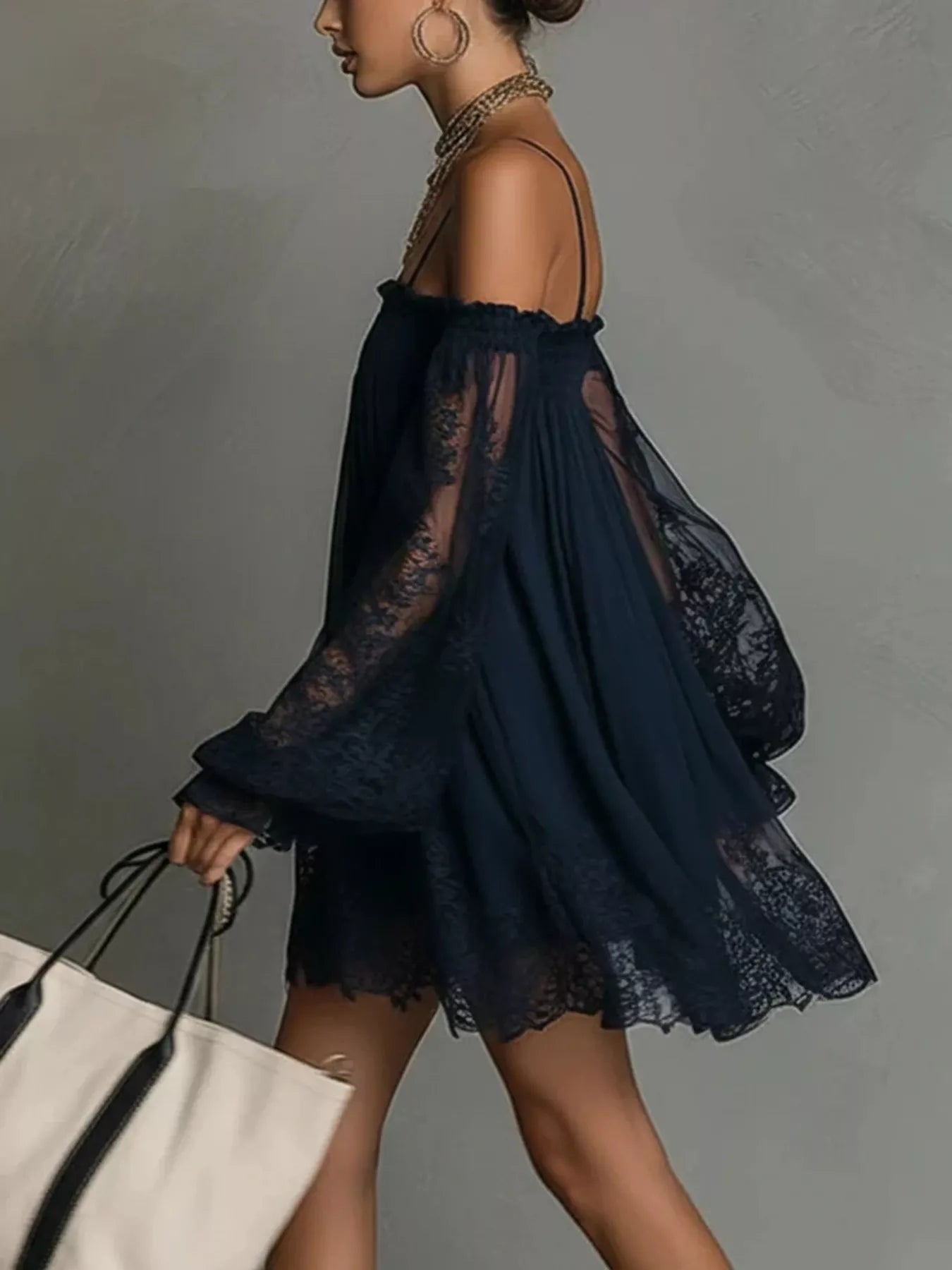 Trendsi Spaghetti Strap Lace Flounce Sleeve Mini Dress -