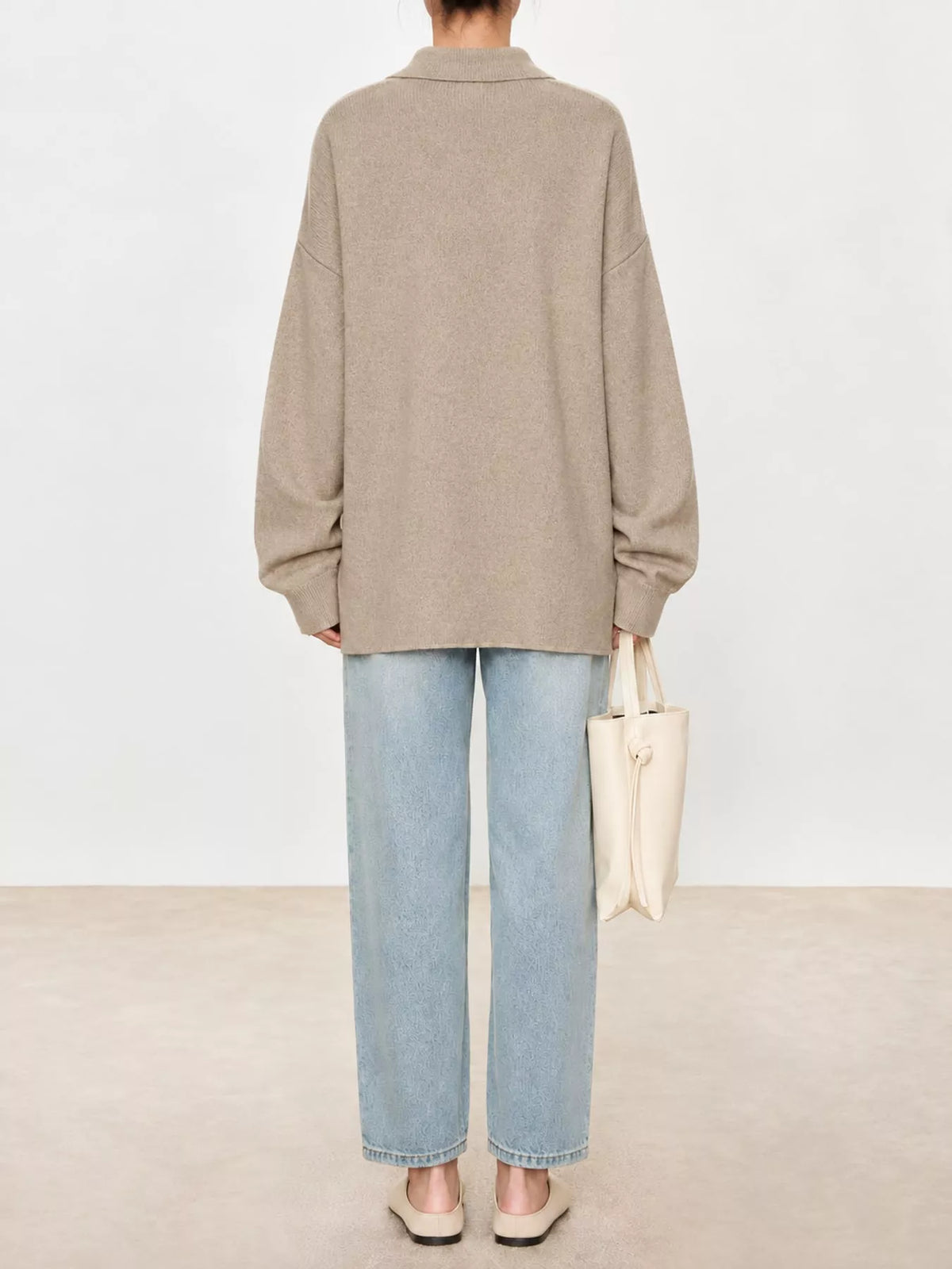 Oatmeal dropped shoulder polo collar sweater, back view