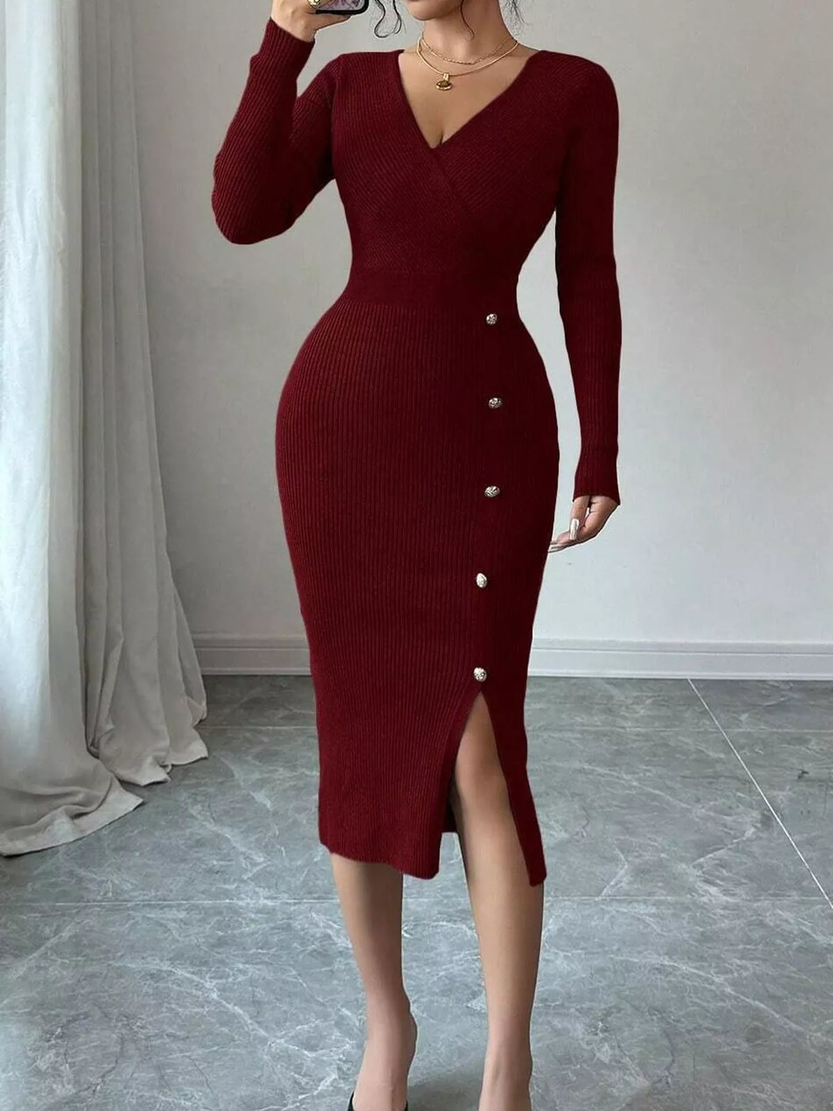 Burgundy decorative button ribbed knit sweater dress, front view